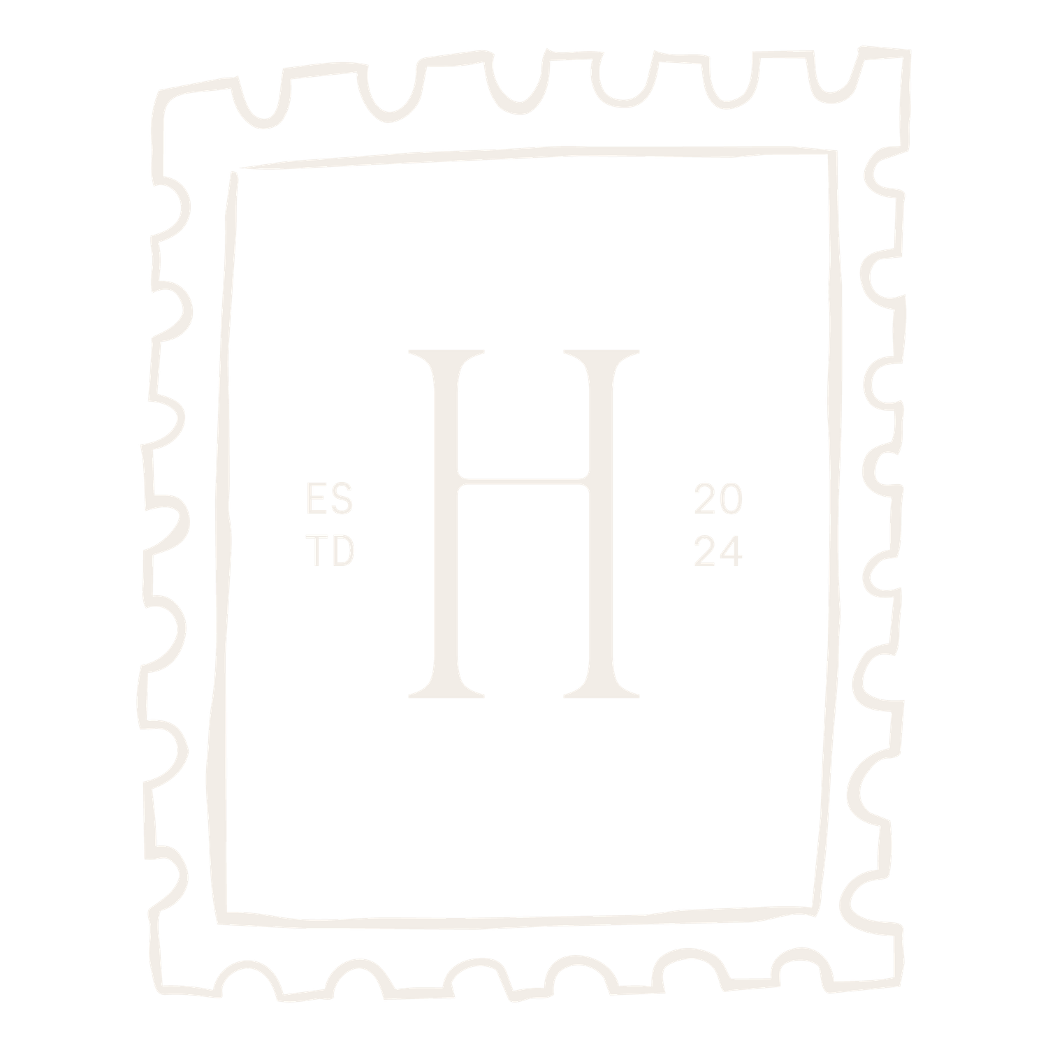 Minimalist postage stamp design with letter H monogram and Est 2024 text on white background.