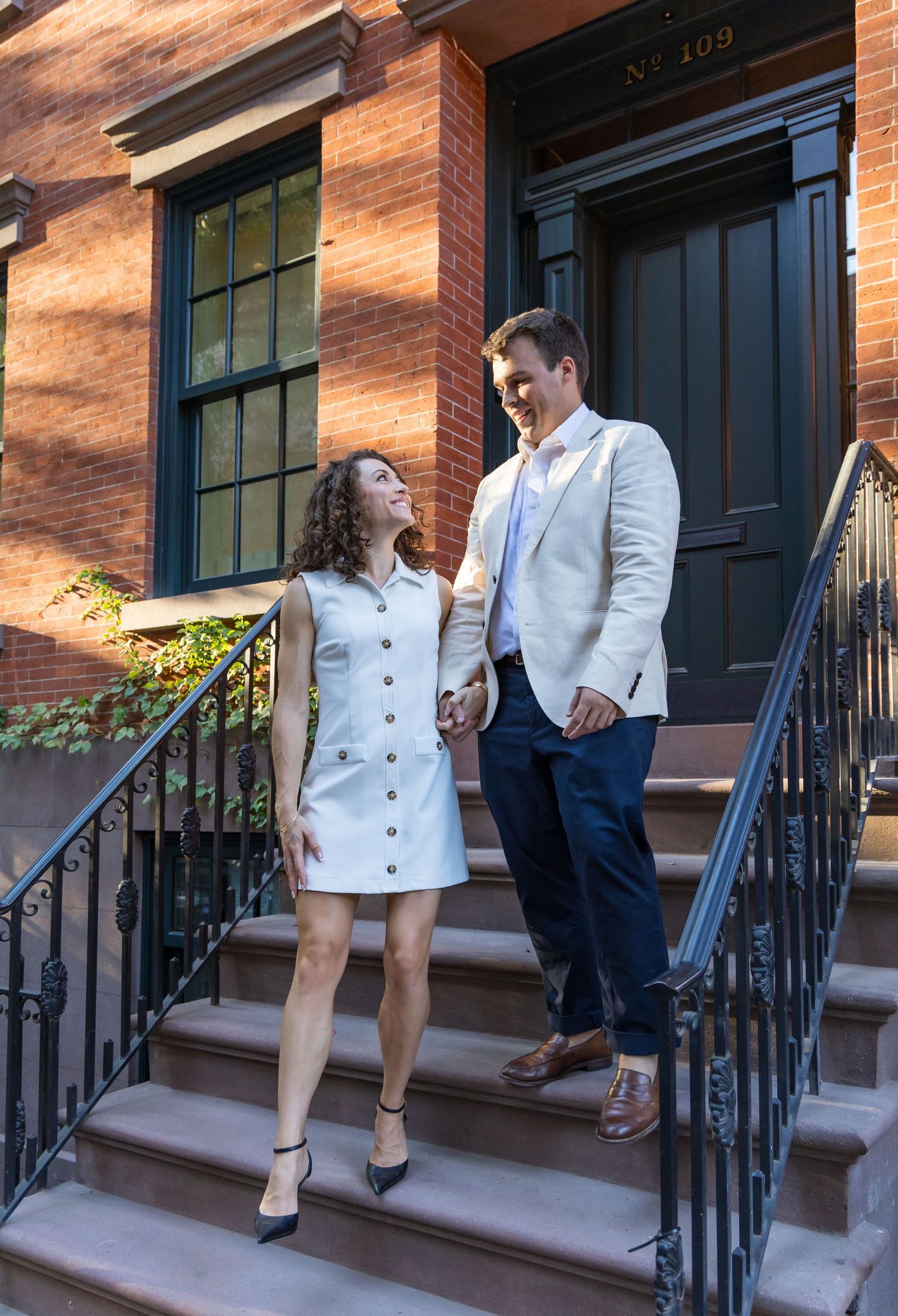 NYC Couple on a West Village Brownstone  walking down Photoshoot