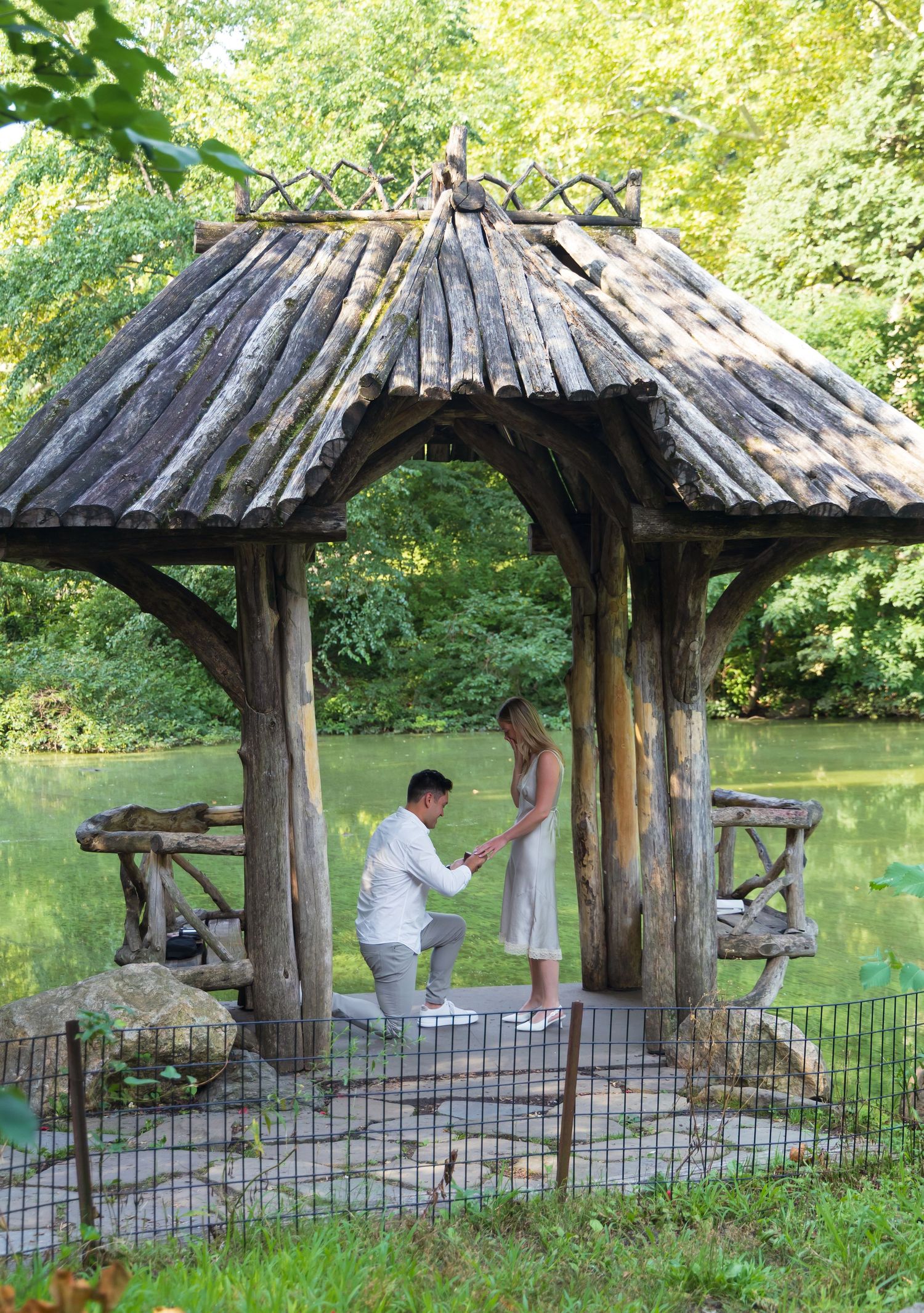 Man proposes to woman under rustic wooden gazebo in lush Central Park, New York City.