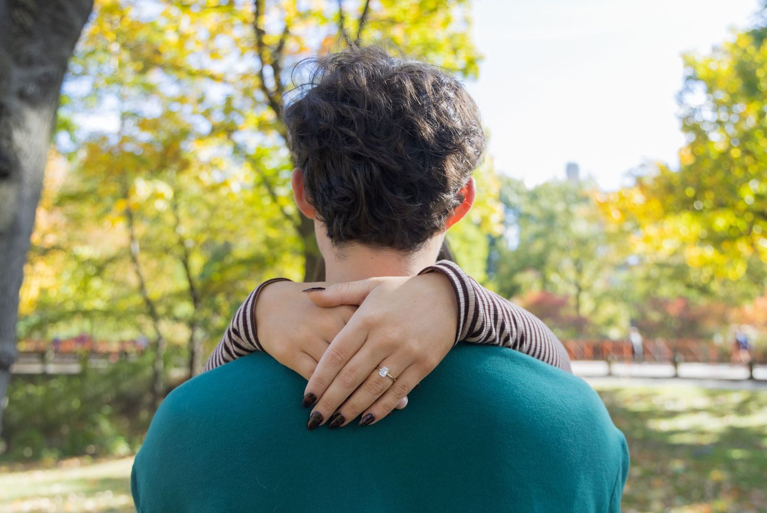 Focus of engagement ring in Central Park