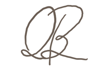 A stylized cursive signature or monogram in brown ink featuring flowing loops and curves.