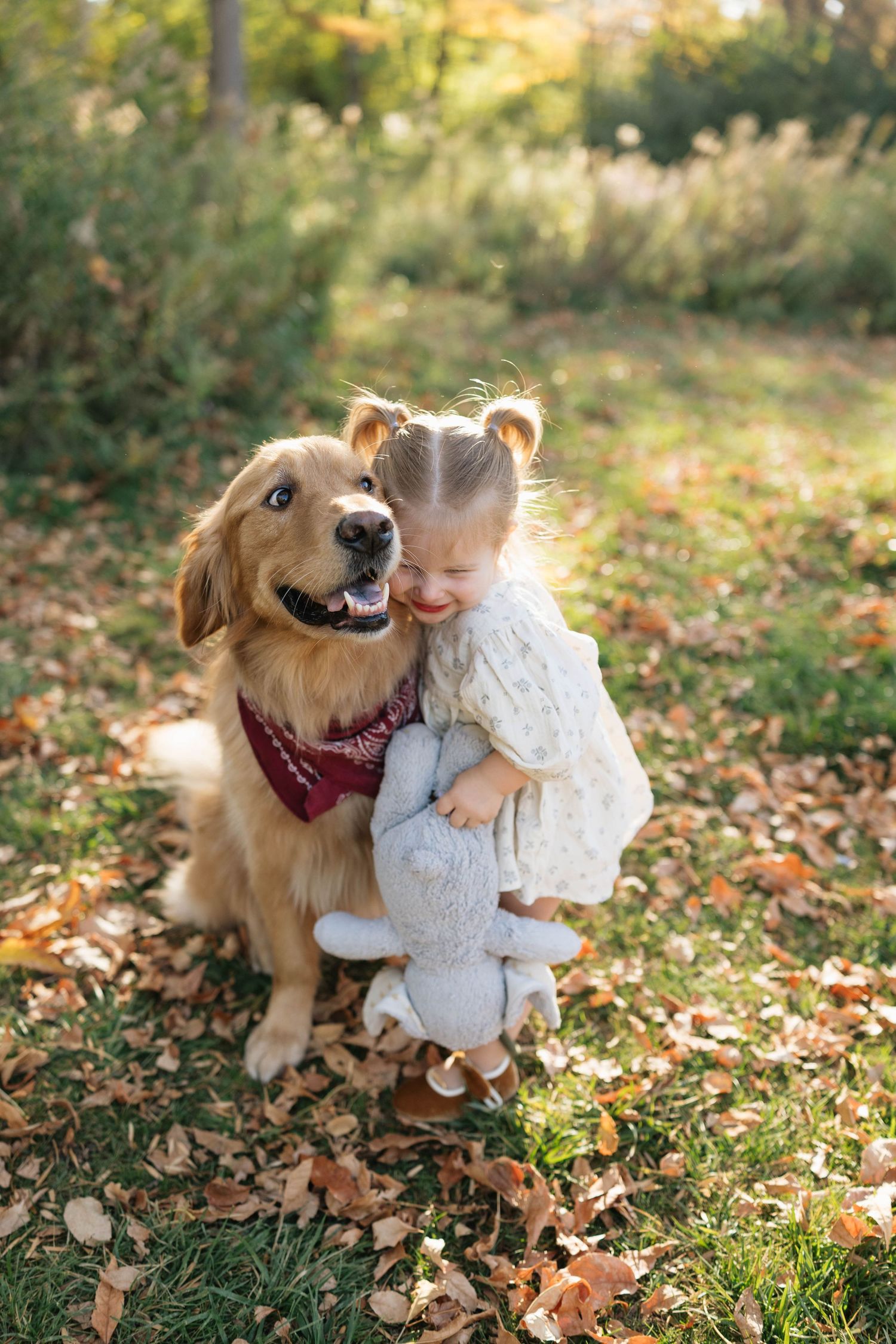 Toddler girl in pigtails hugging a smiling golden retriever in a red bandana while holding a plush toy among fall leaves outdoors.