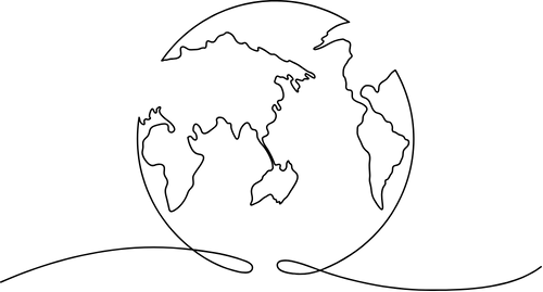 Minimalist continuous line drawing of Earth globe showing continents and oceans.