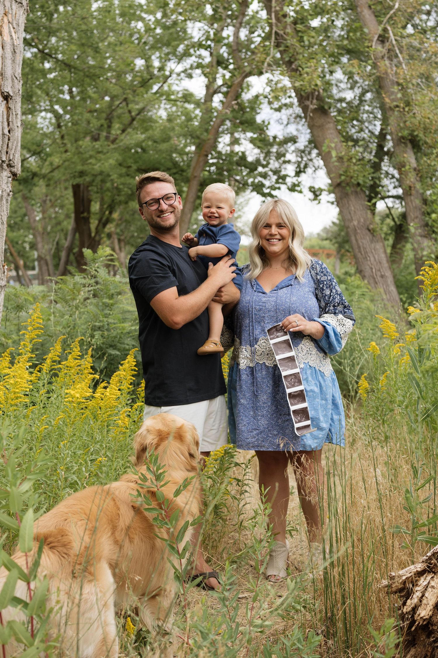 Happy family with toddler and golden retriever outdoors, woman holding ultrasound photos announcing pregnancy.