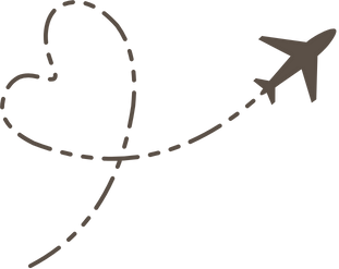 Illustration of airplane creating dotted heart trail path in the sky.