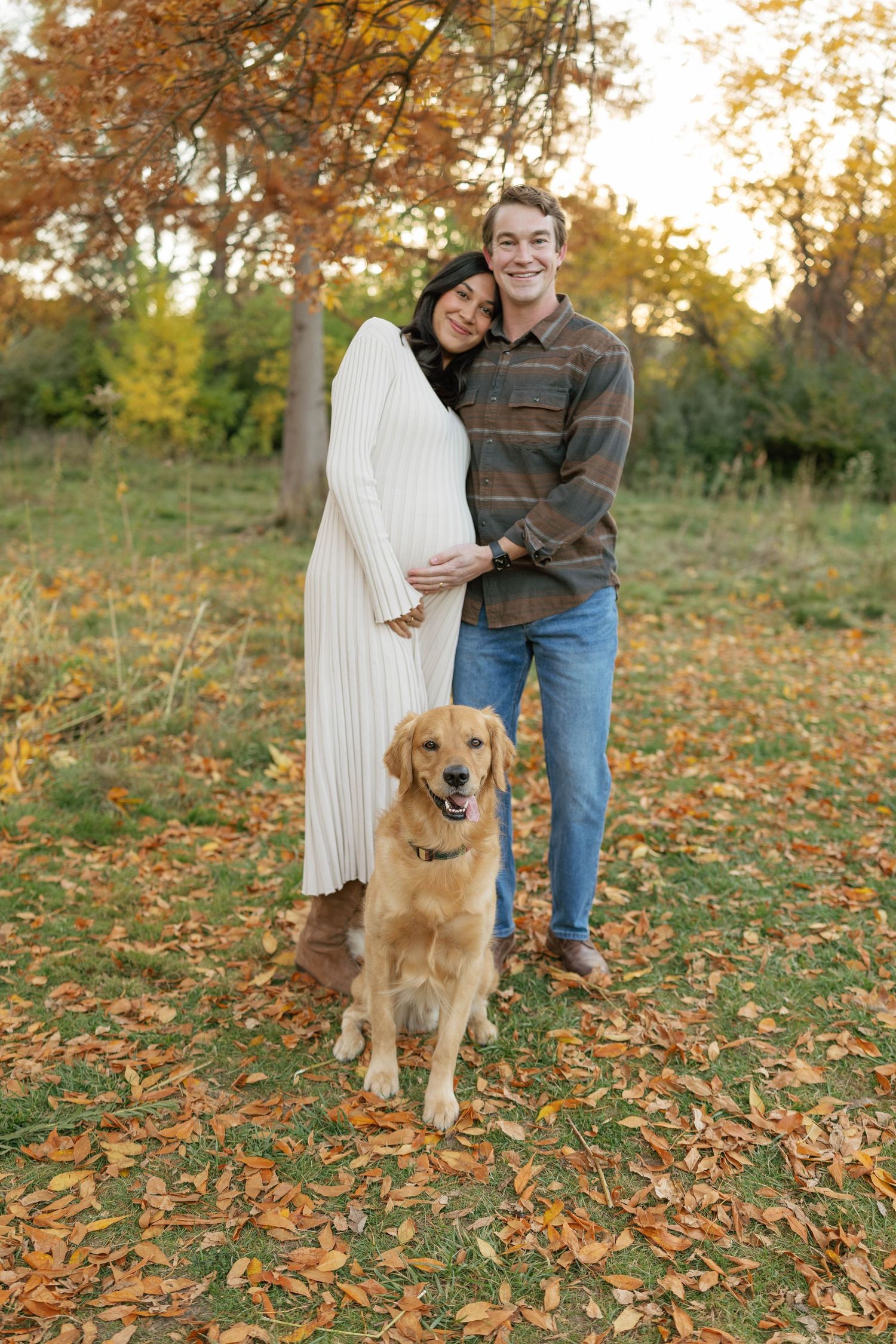 Golden retriever dog poses with owner in autumn park with fallen leaves at sunset.
