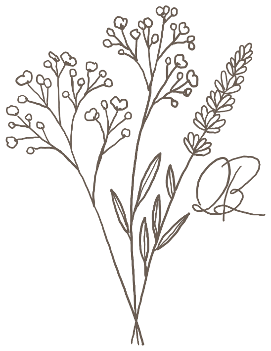 Delicate hand-drawn wildflower bouquet with baby's breath and lavender stems in minimalist line art style.