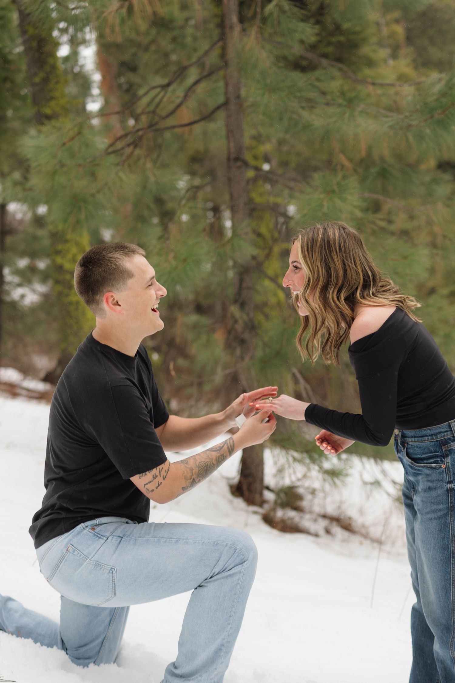 A sequence of photos showing a playful interaction between two people in winter snow with pine trees in background.