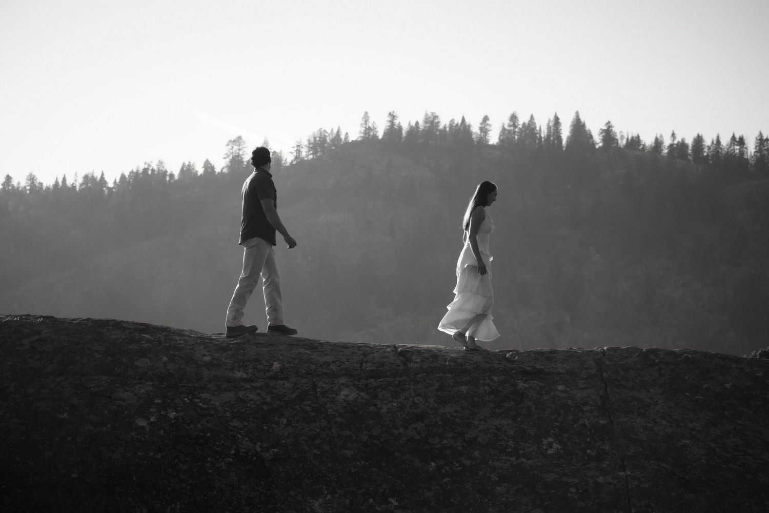 Silhouettes of people walking through a misty forest landscape at dusk create an ethereal atmosphere.