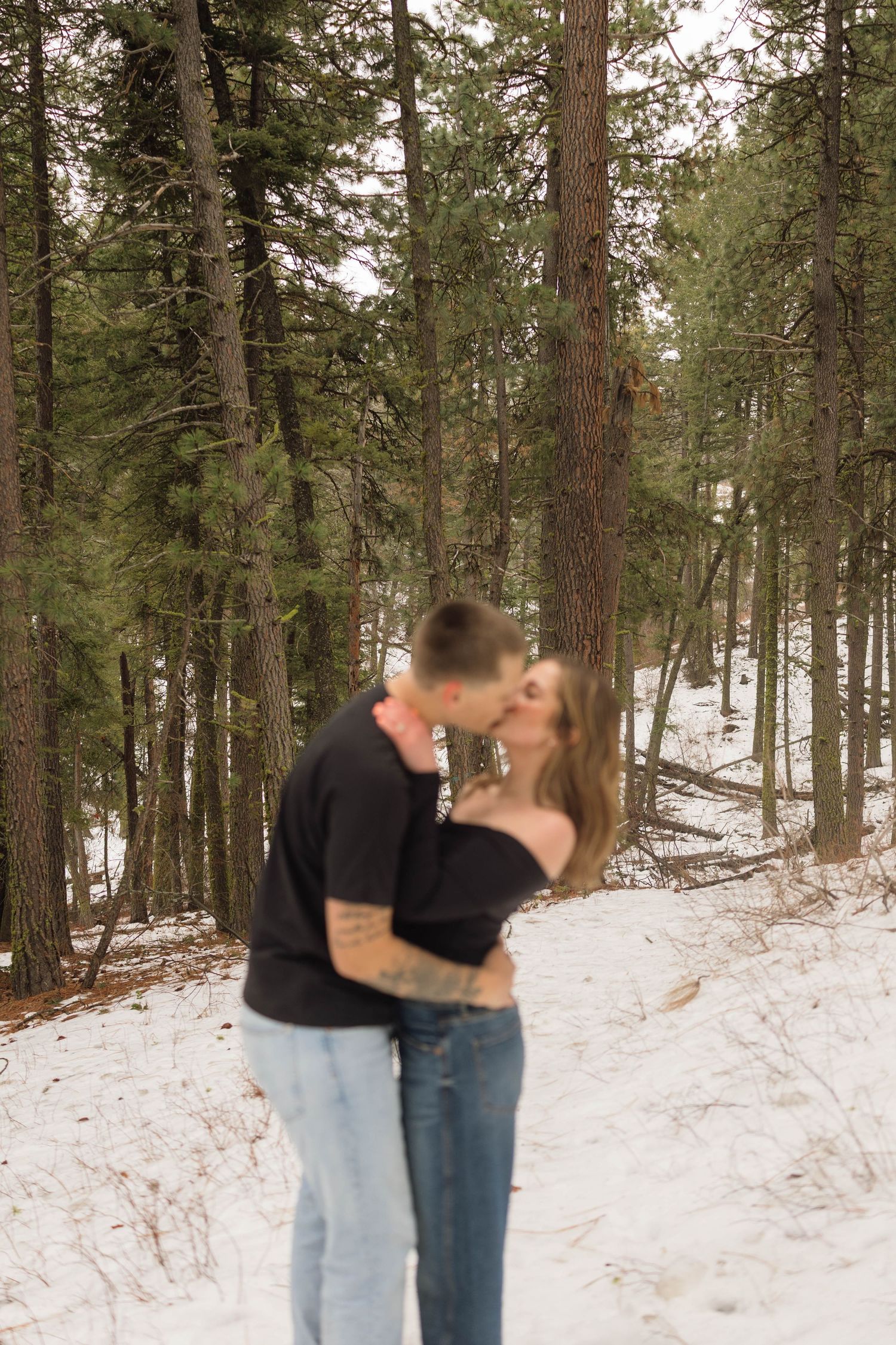 A couple shares a romantic kiss in a snowy forest setting with tall pine trees in the background.