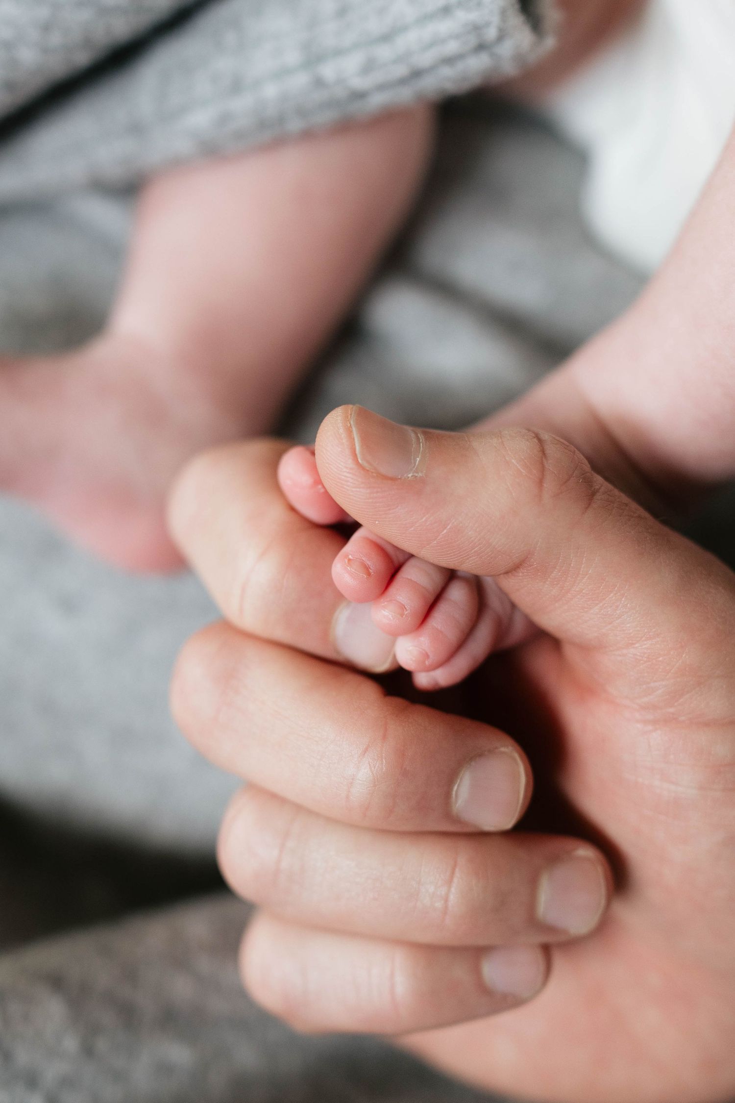 Close-up photos showing gentle hand holding moments between a parent and baby's tiny fingers.