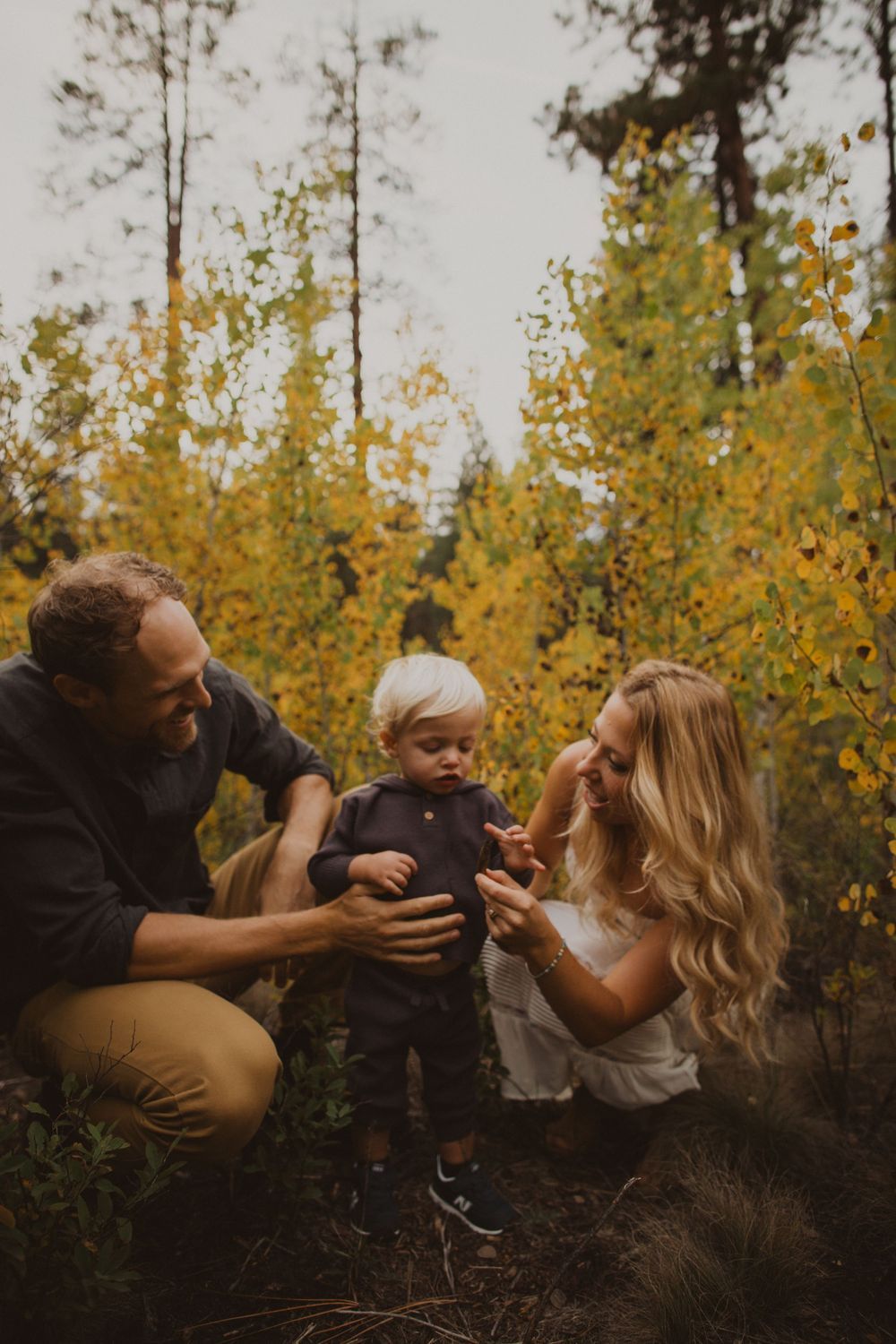 Playful family interaction among golden autumn aspen trees in a forest setting.
