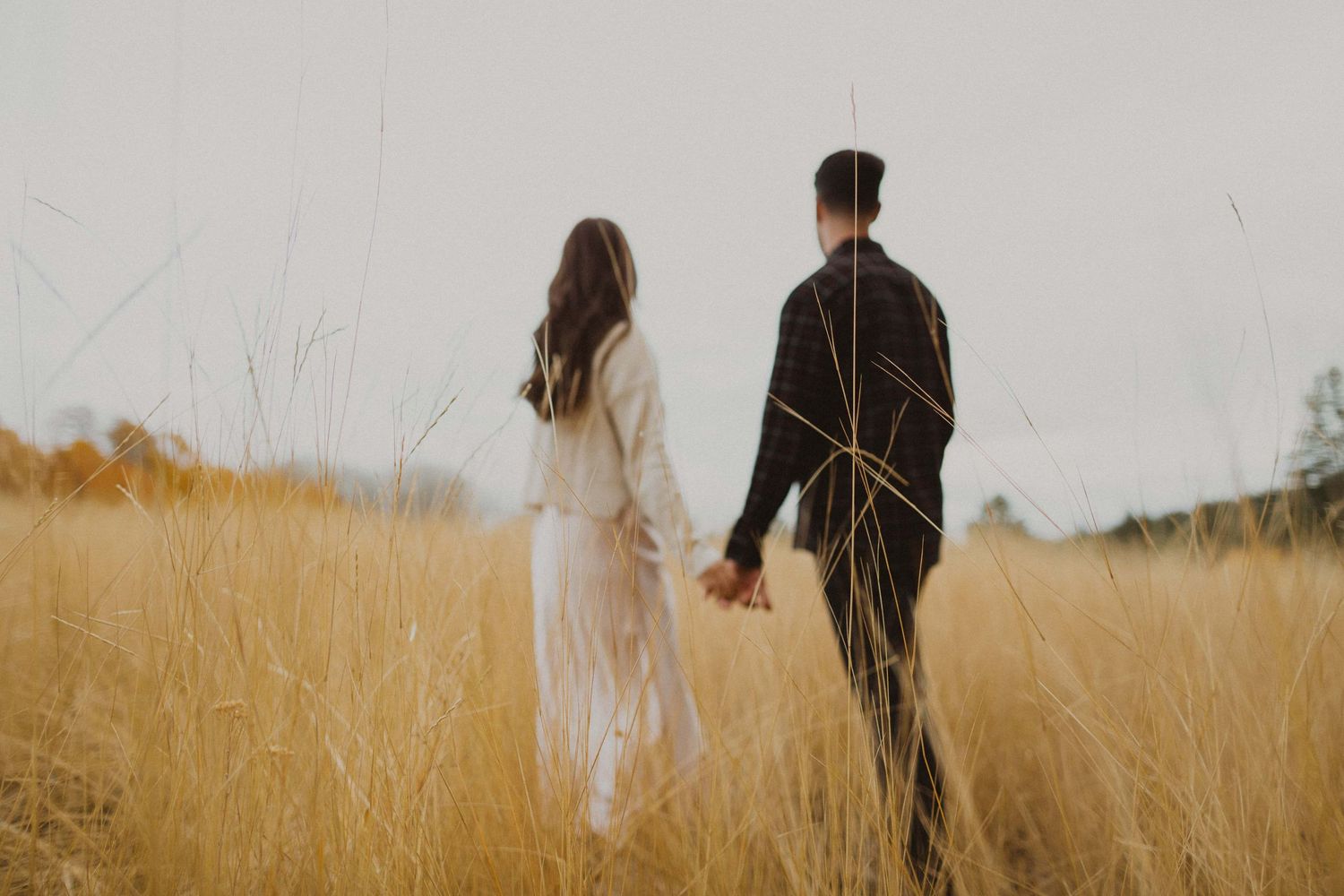 Couple walking through golden wheat field at sunset.