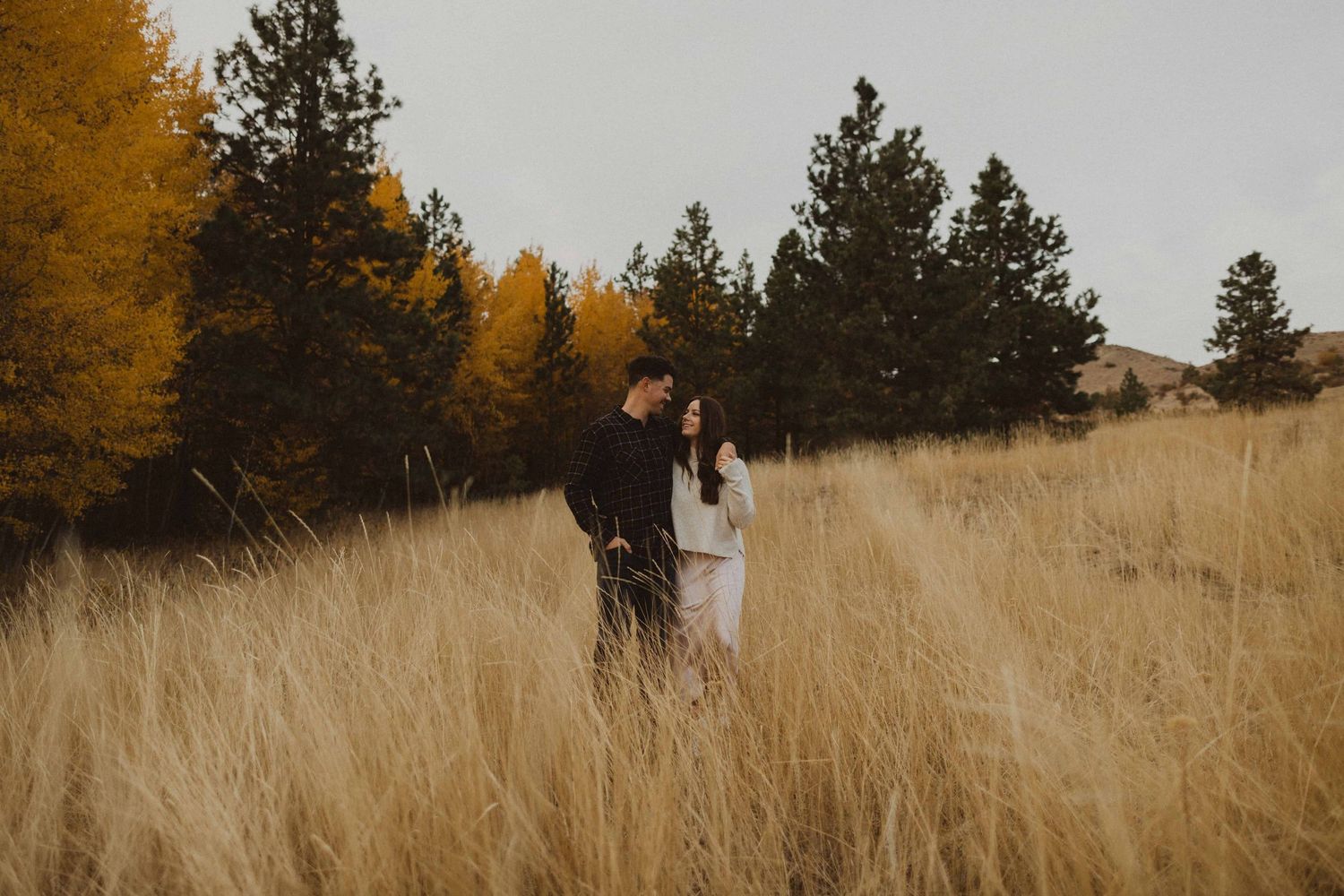 A couple walks through a golden autumn field with tall grass and evergreen trees in the background.
