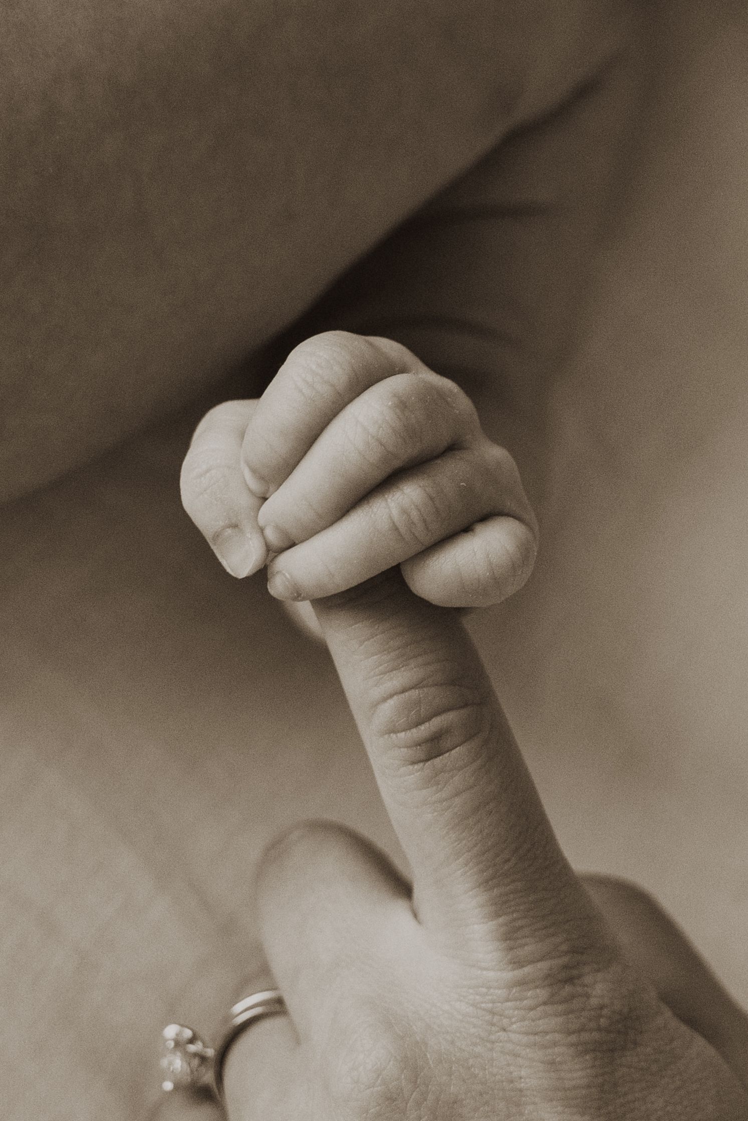 A newborn baby's tiny hand gently gripping an adult's thumb in a tender sepia-toned close-up photo.