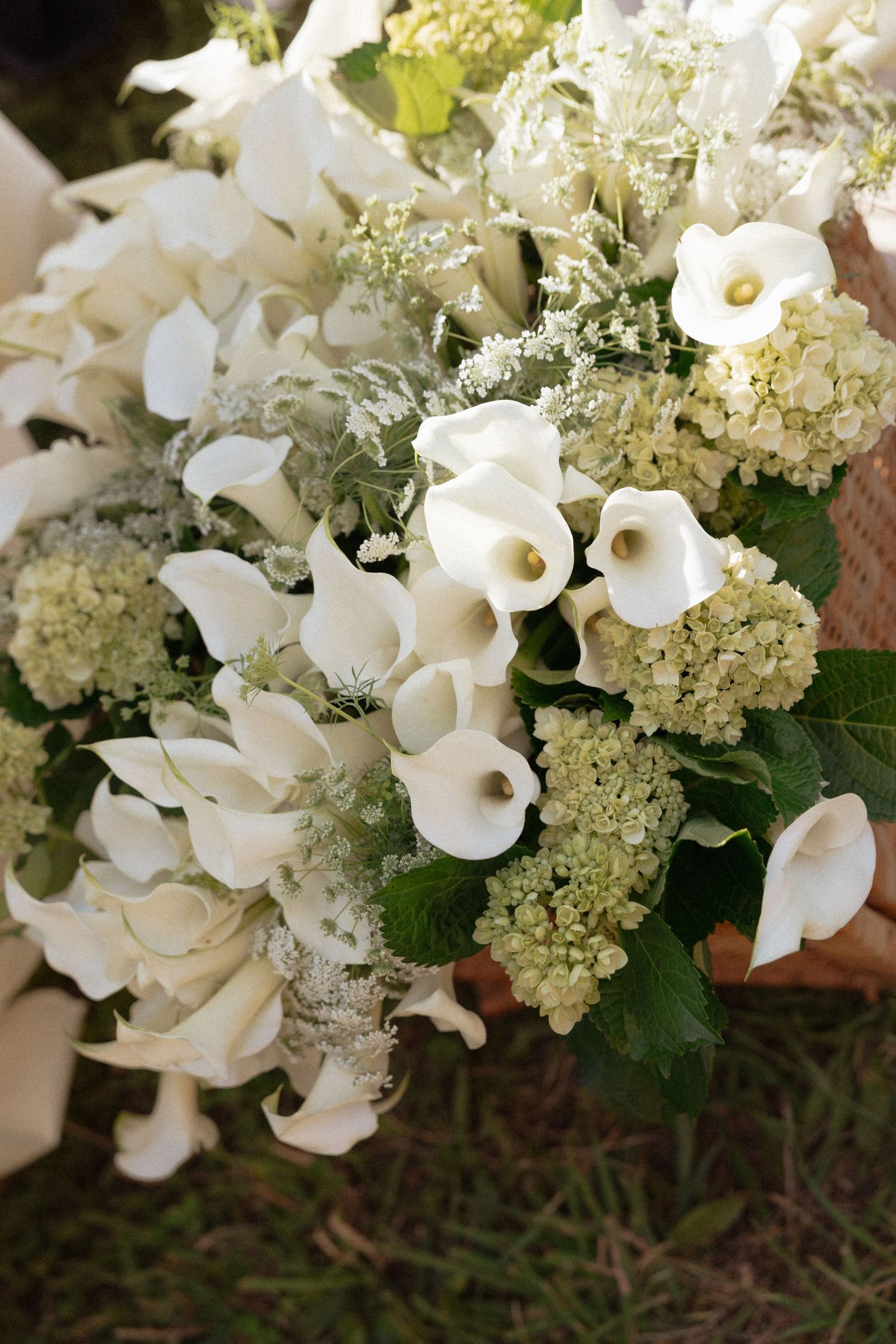 White calla lily and hydrangea wedding bouquet with lush greenery.