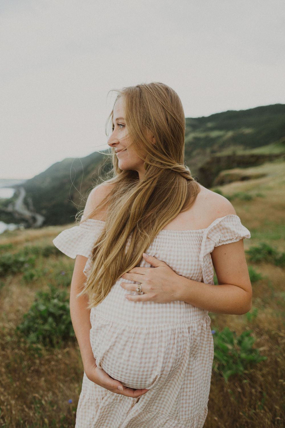 Woman in gingham dress poses for maternity photos in a scenic mountain landscape.