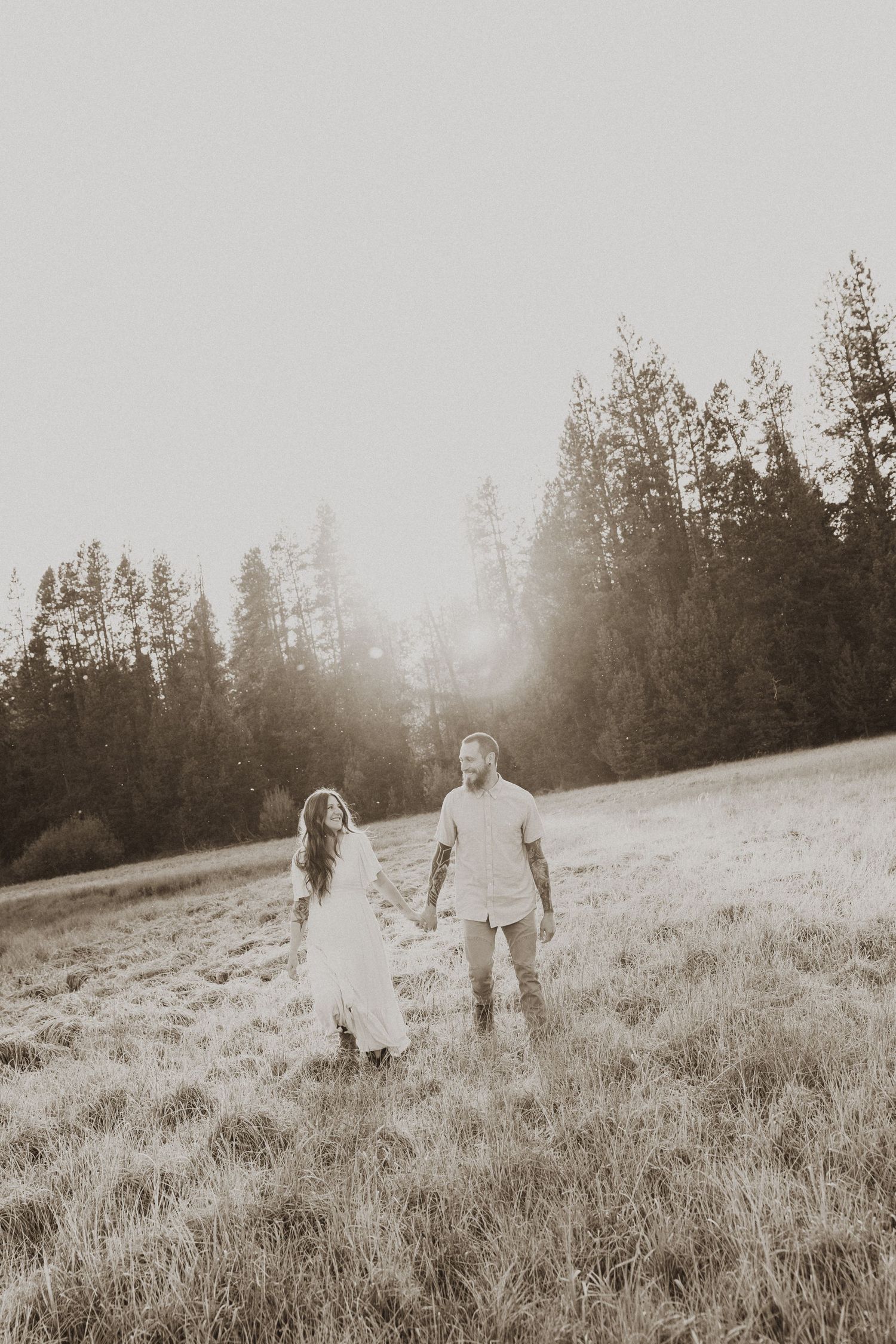Couple holding hands in a sunlit meadow with tall pine trees, captured in a romantic sepia-toned outdoor portrait.