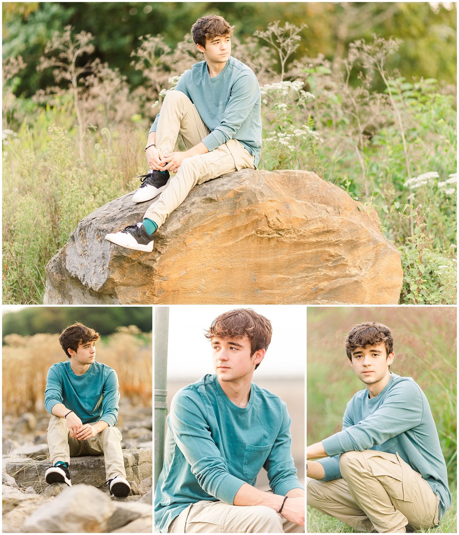 Natural outdoor portrait series on rock formation in casual blue attire.