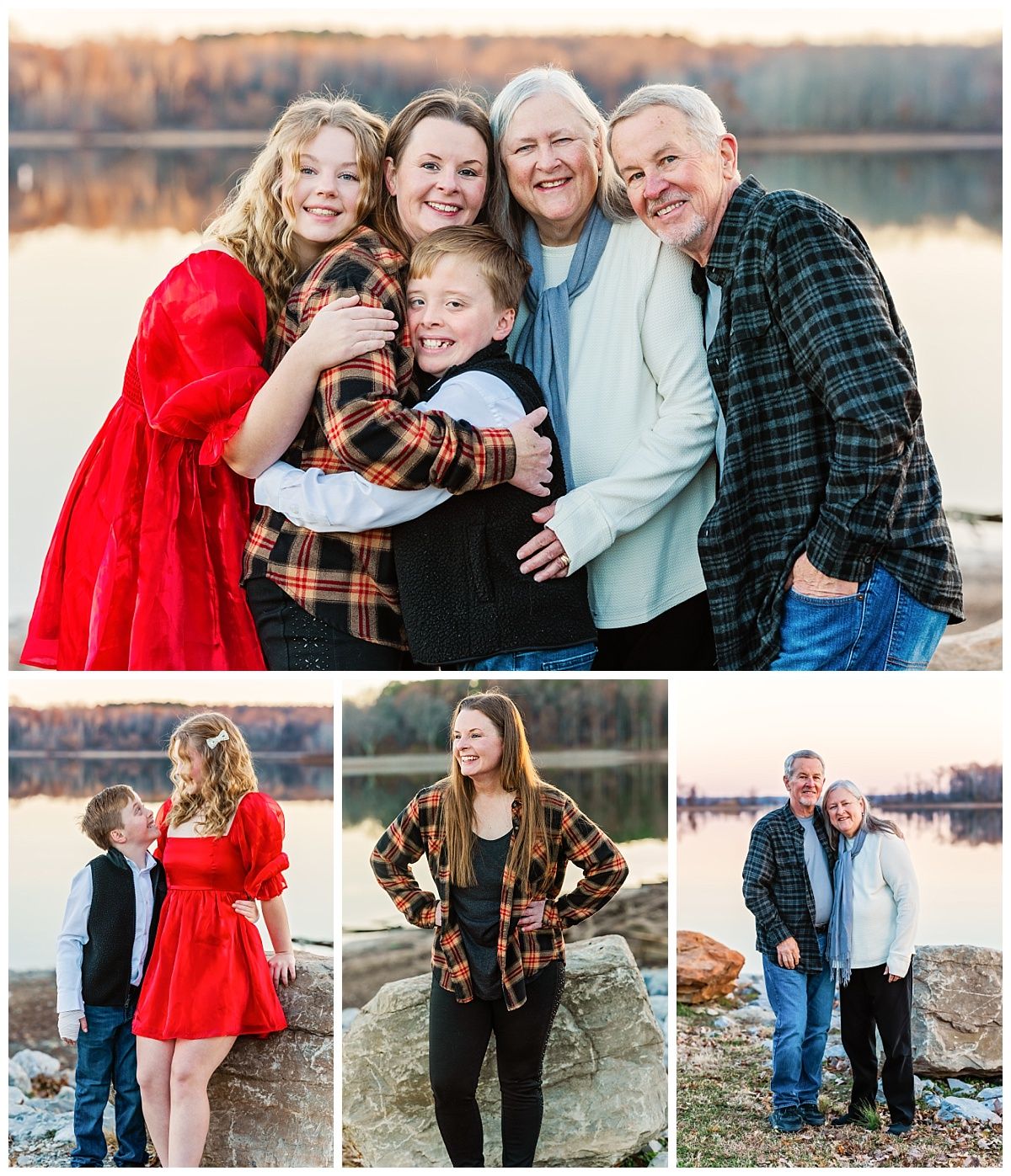 Family photo collage with multiple generations posed by lakeside in casual clothing.