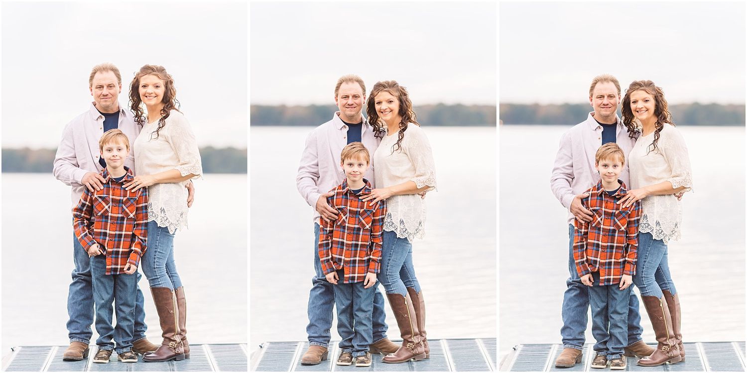 Series of casual family portraits on wooden dock by the water.