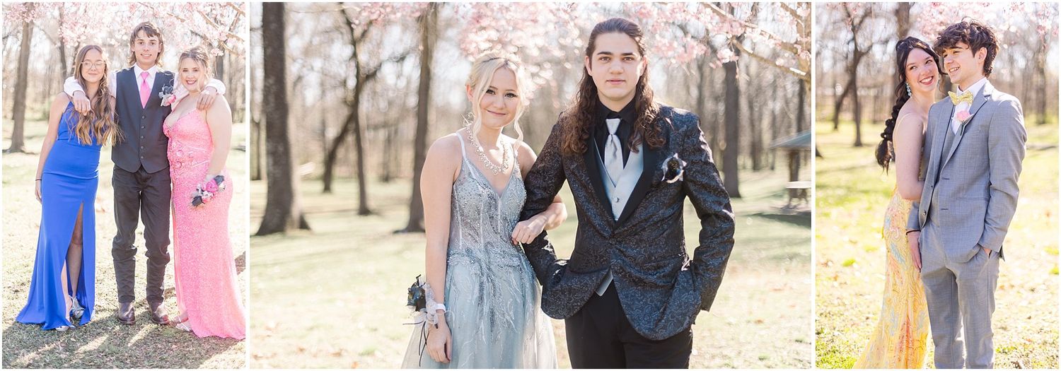 Collection of formal portraits featuring couples in pastel attire under cherry blossoms.
