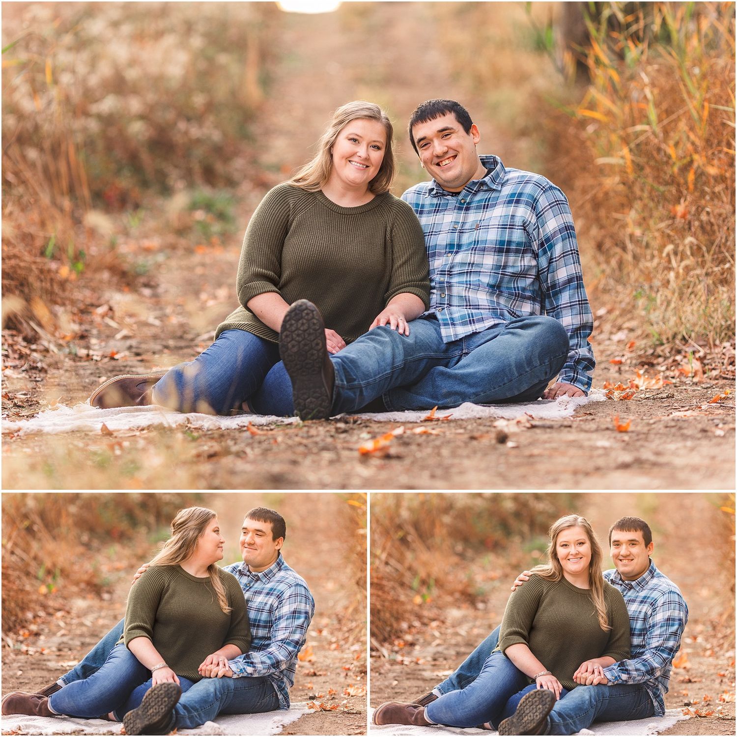 Casual engagement photo session with couple sitting on blanket in autumn setting.