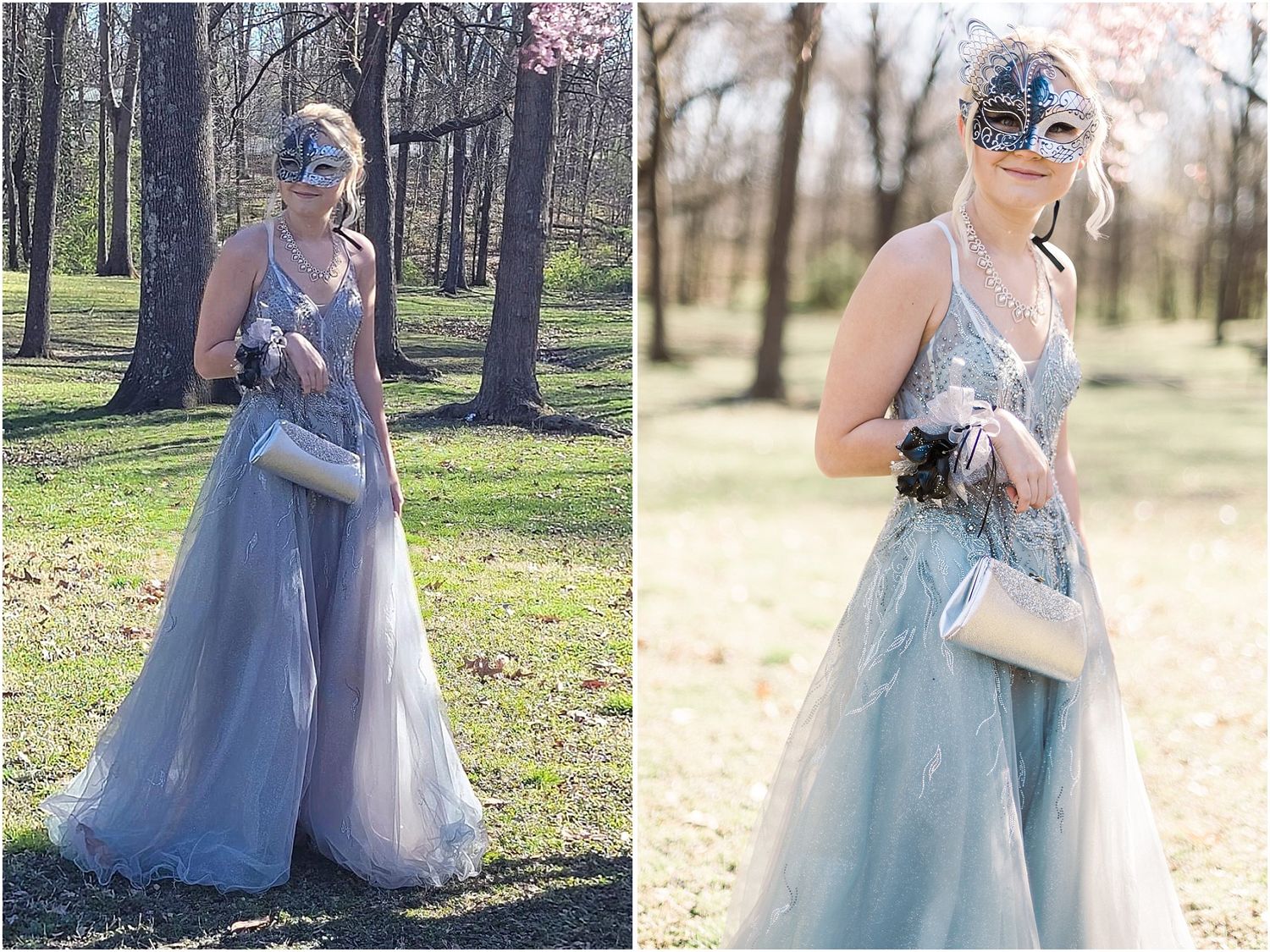 Ethereal photos of a powder blue ballgown with sparkly mask in a spring garden setting.