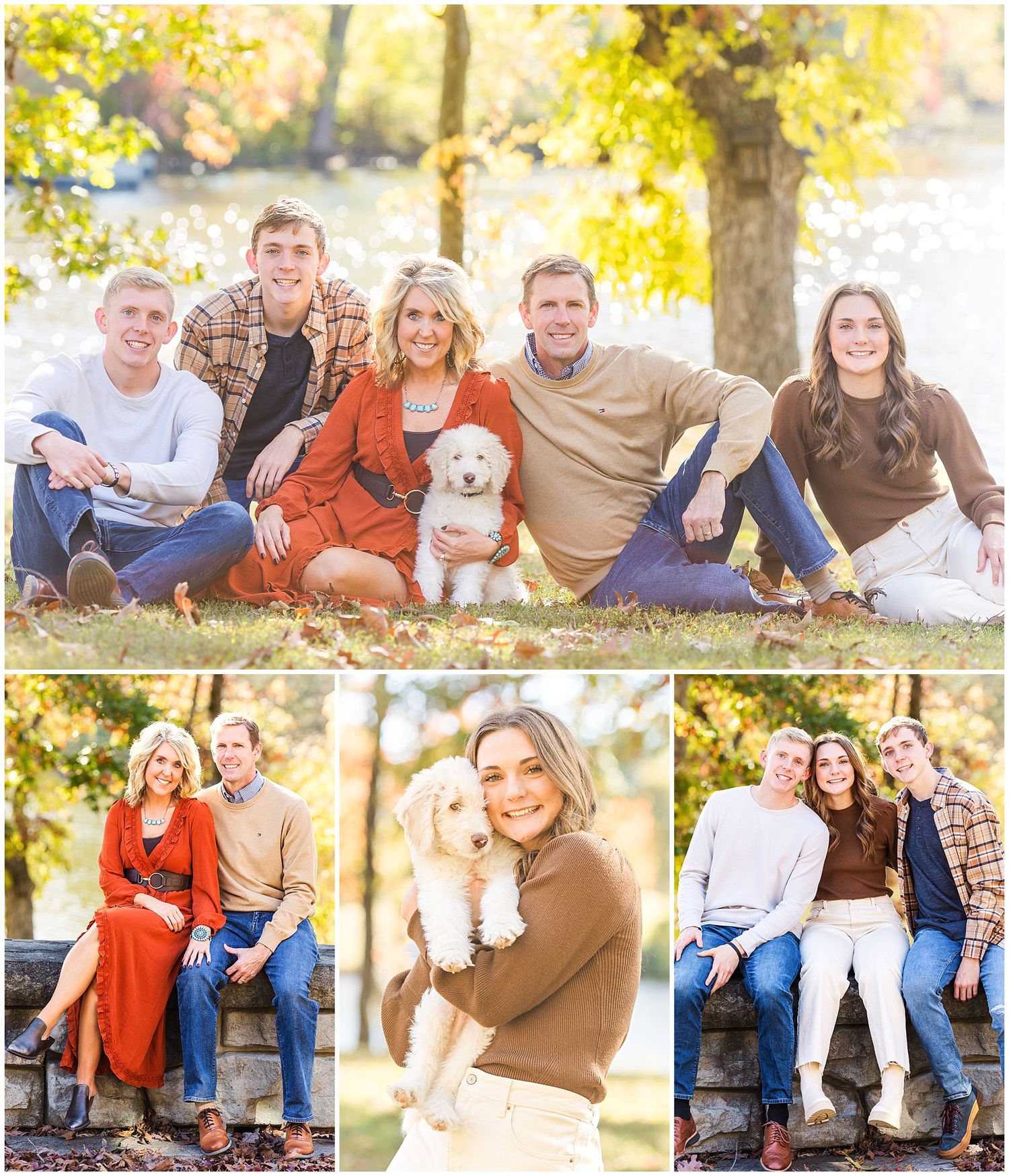 Family and dog posing for portraits on fallen leaves during autumn photo session.