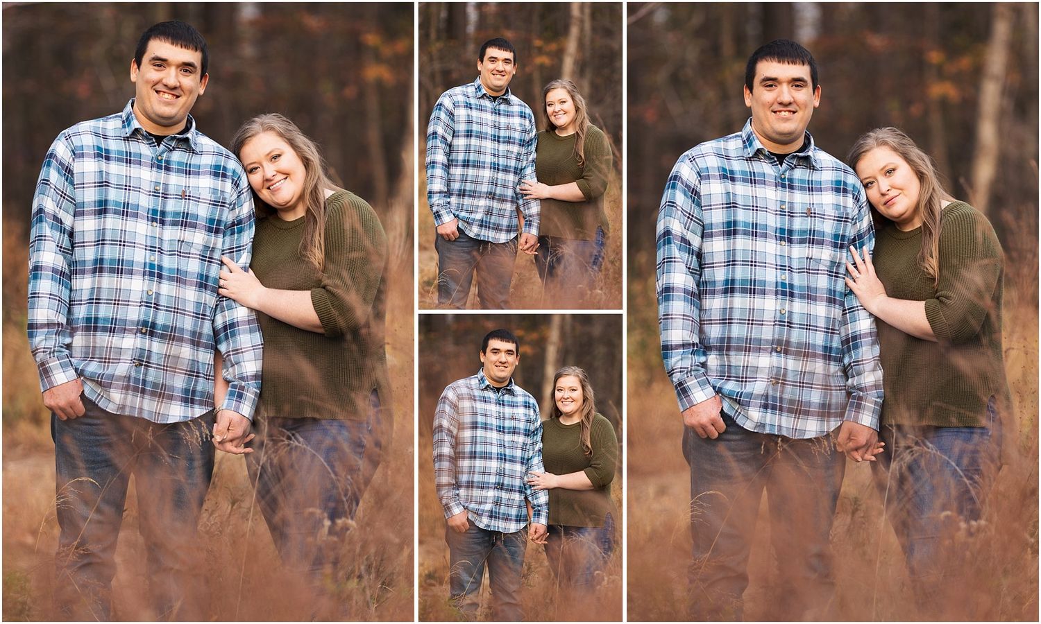 Collage of romantic autumn engagement photos with couple in plaid and olive green.