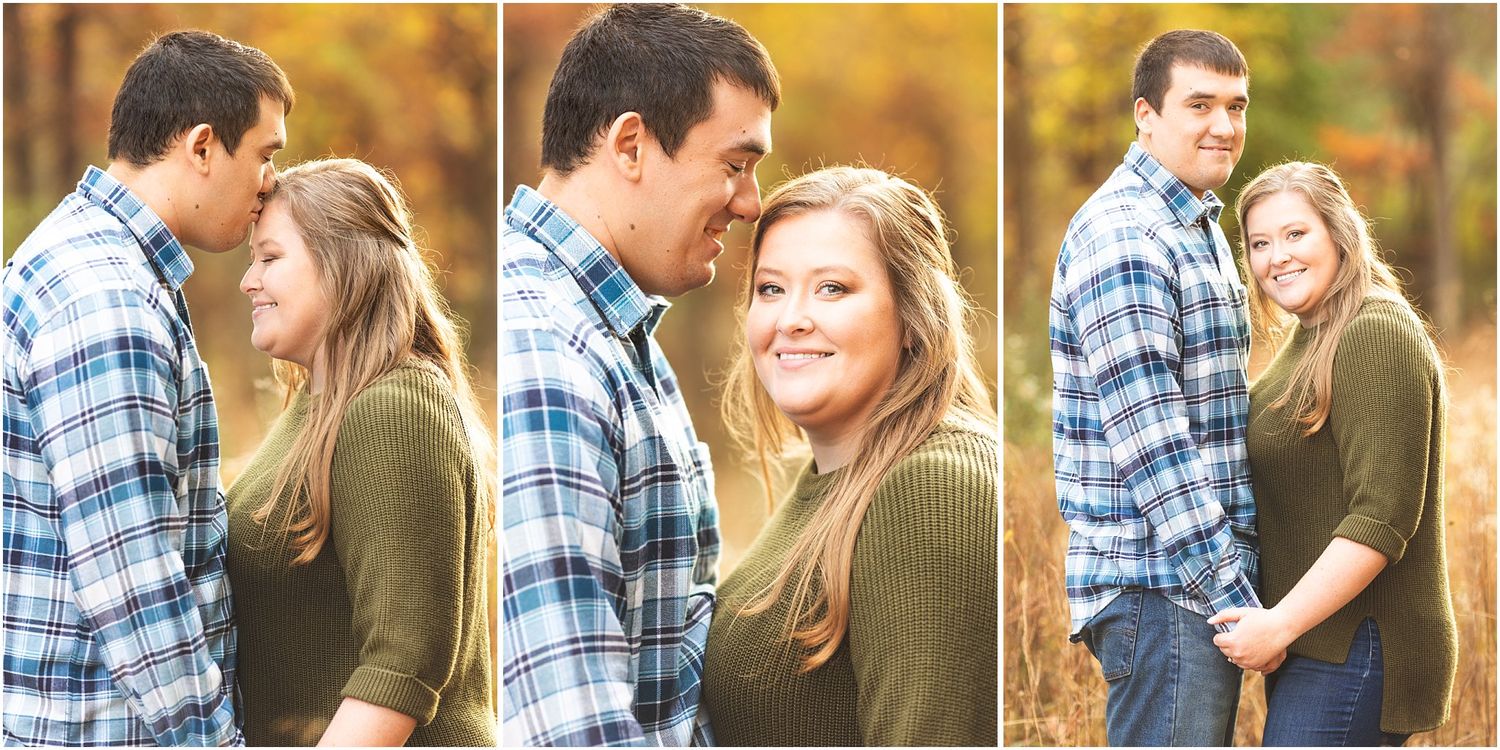 Three-panel series of intimate couple portraits in autumn setting.