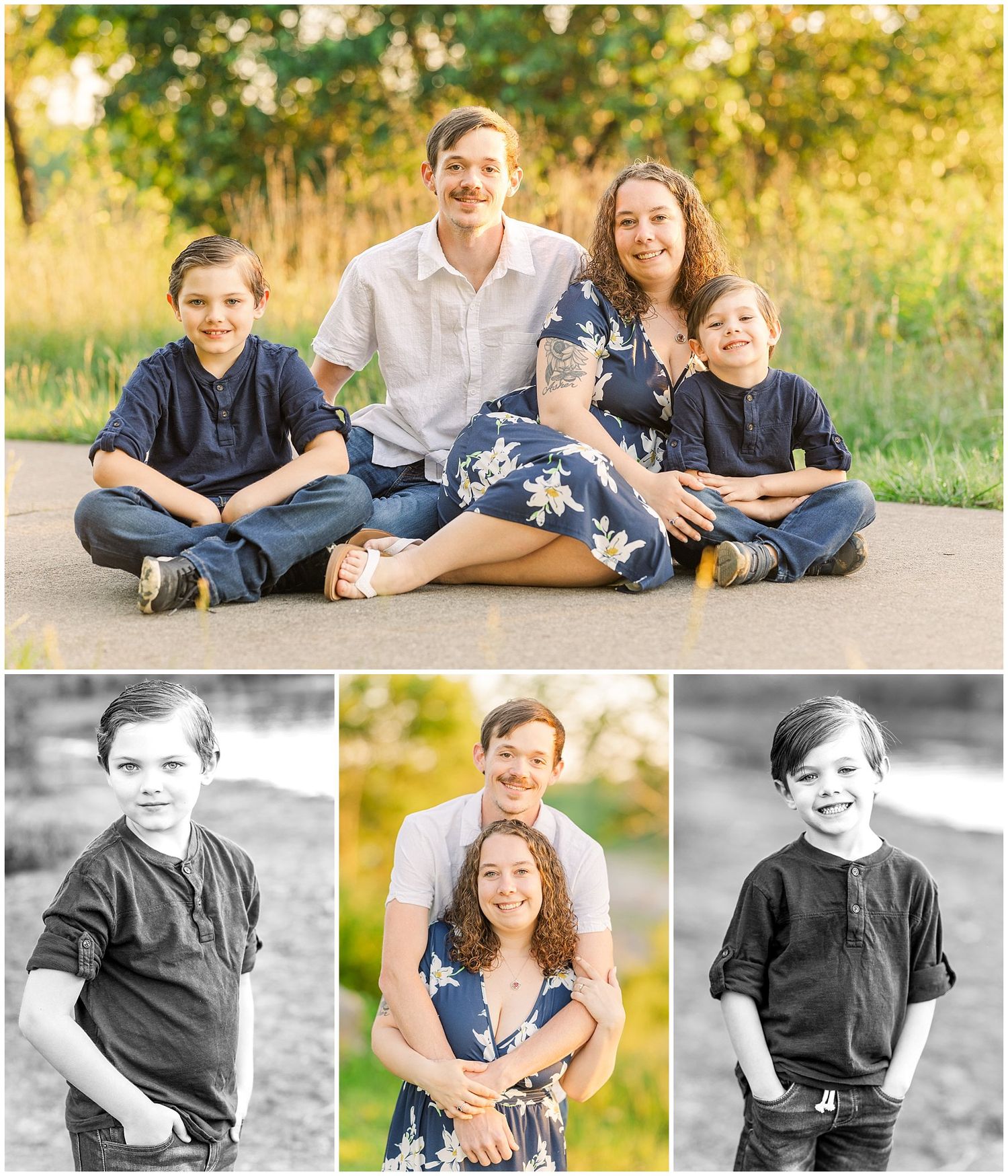 Family photo collage with color and black and white portraits in outdoor setting.