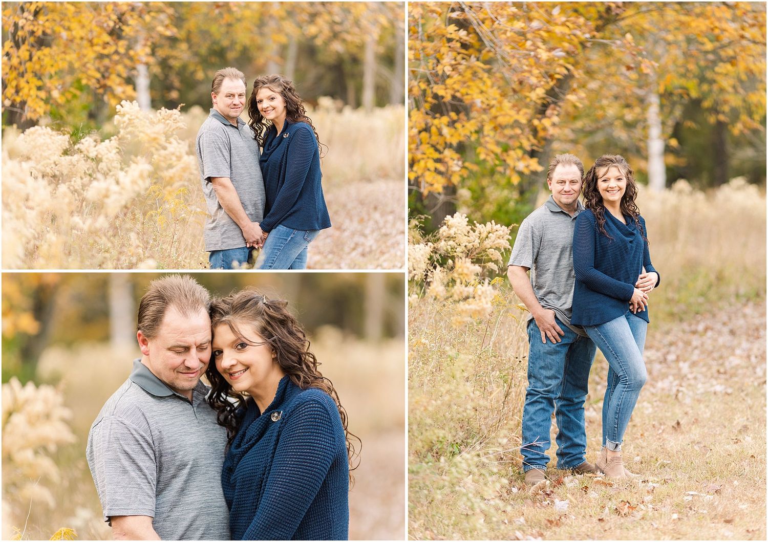 Four panel outdoor portrait session with romantic poses against autumn scenery.