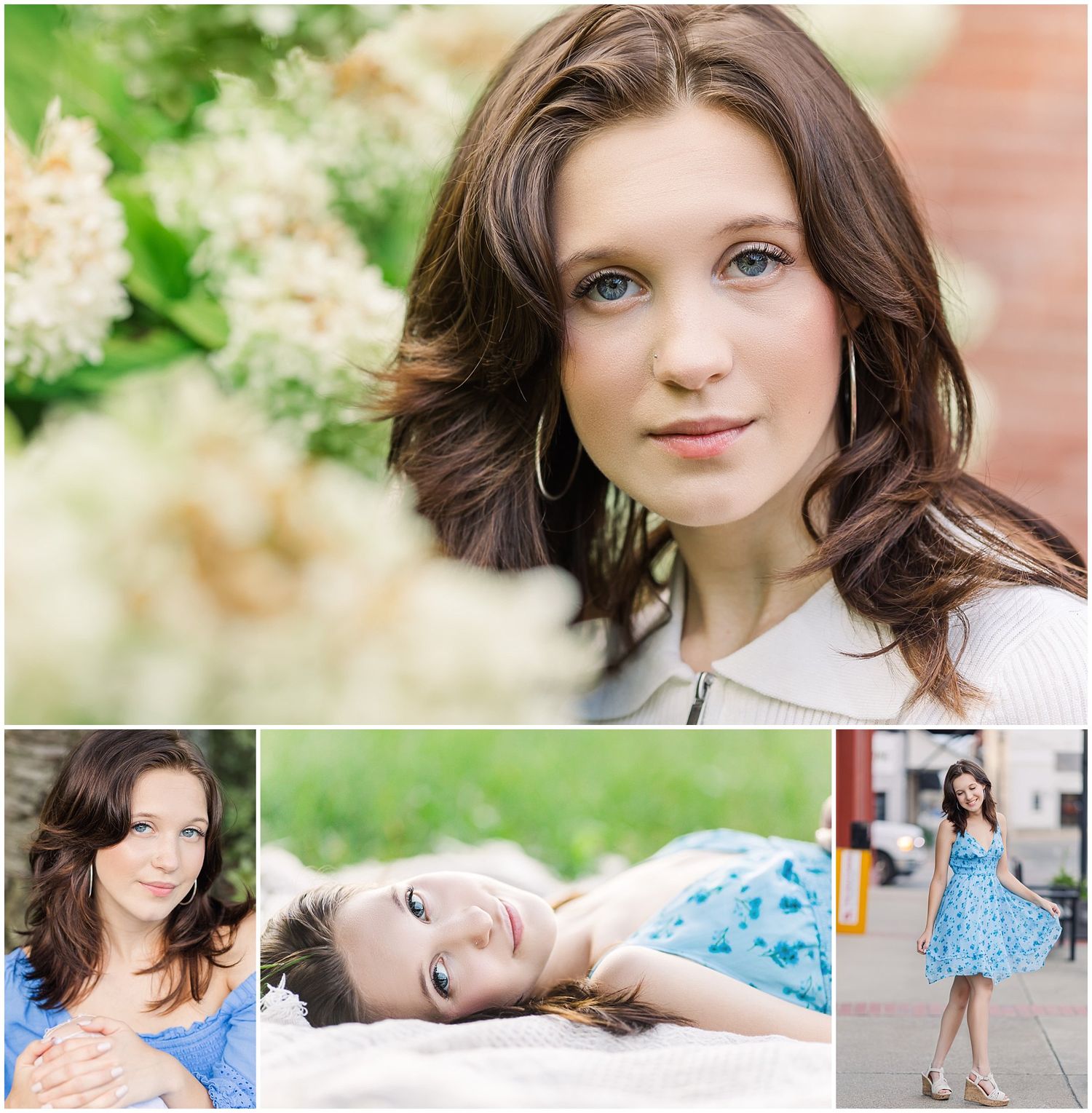 Portrait photography in garden setting with hydrangea flowers and multiple poses.