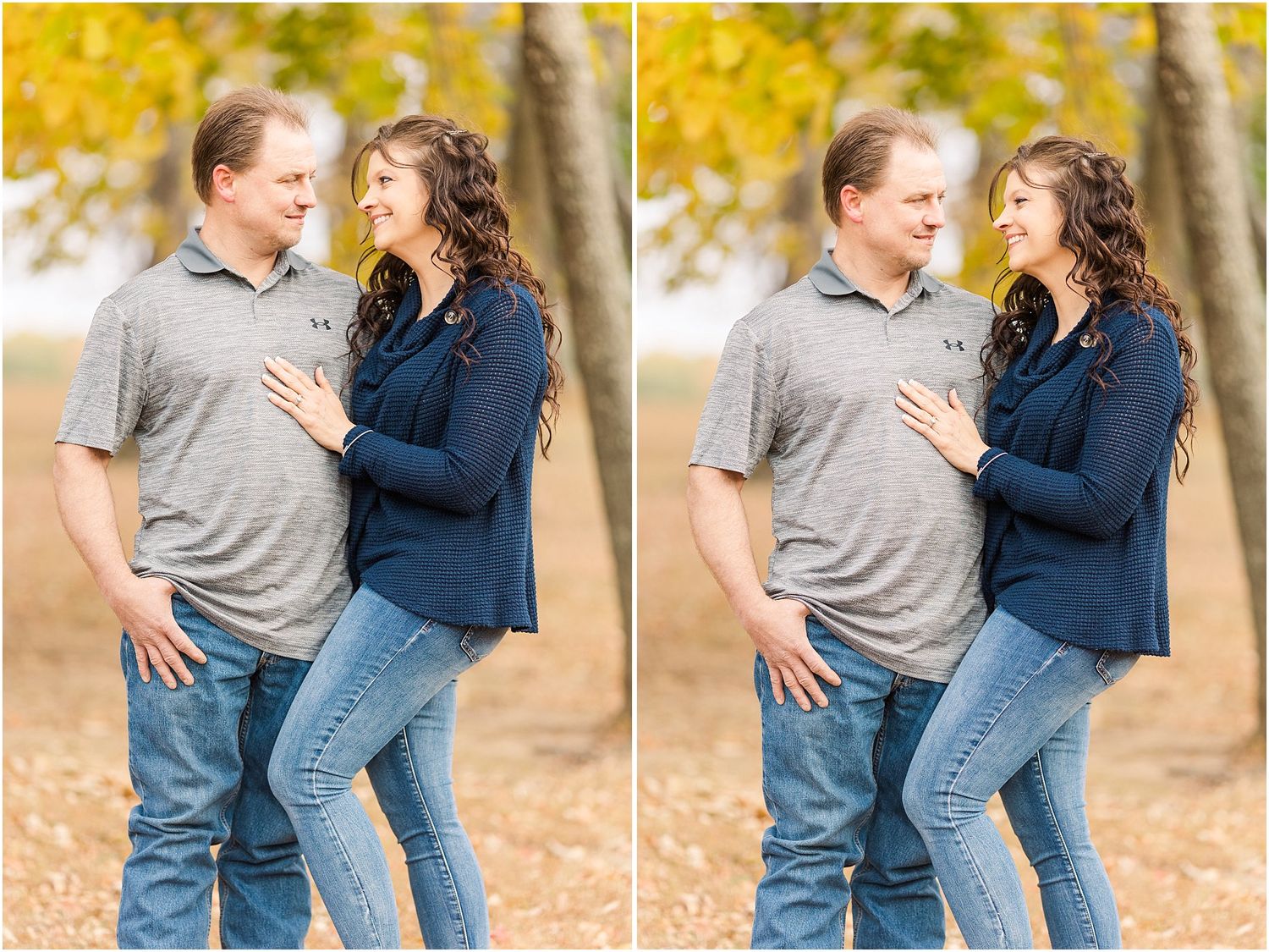 Couple embracing outdoors during autumn with golden yellow leaves in background.