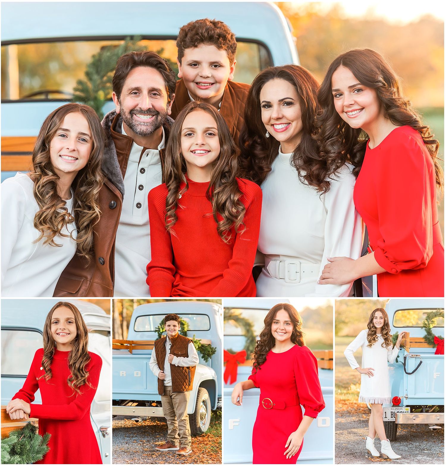 Family portrait session with vintage blue truck featuring coordinated red and white outfits.
