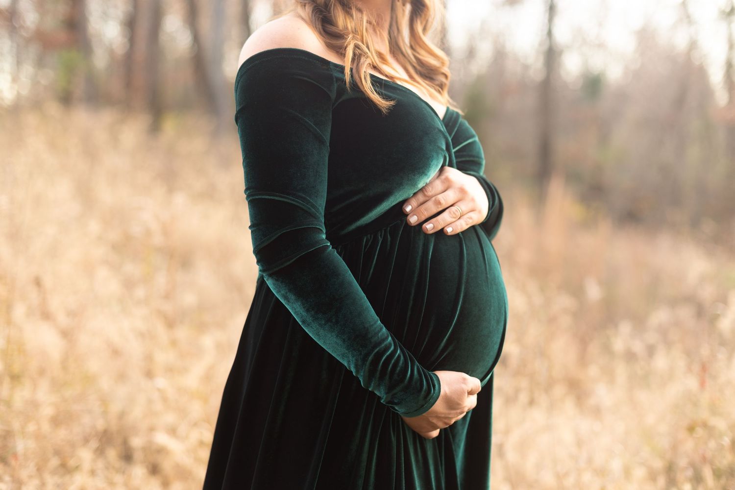 Close-up shot of pregnant belly in emerald velvet maternity dress against golden field background.