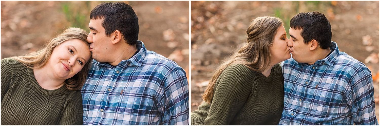 Intimate couple portraits showing sweet romantic moments in a forest setting.