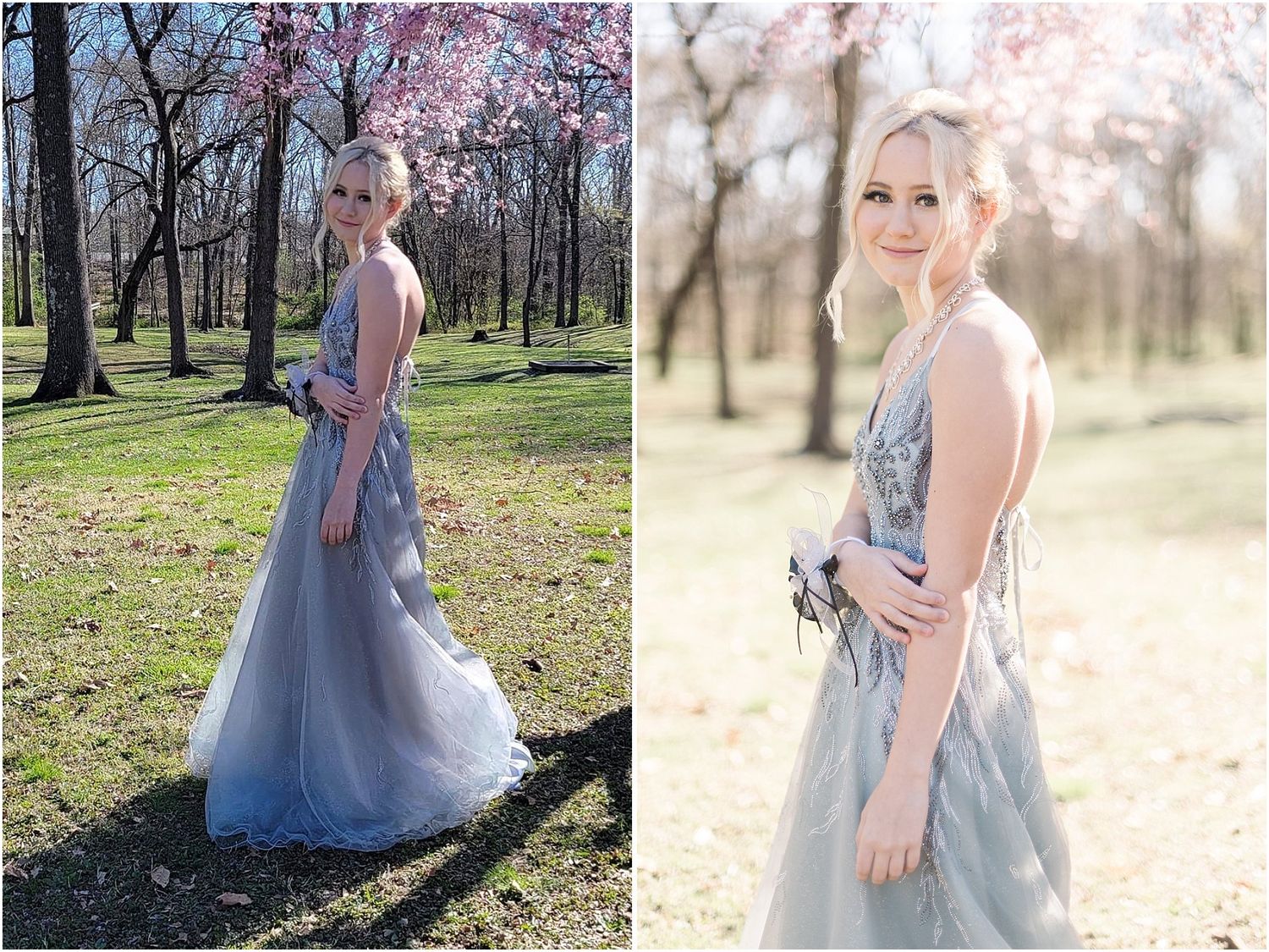 Elegant blue tulle gown photographed in a springtime garden with cherry blossoms.