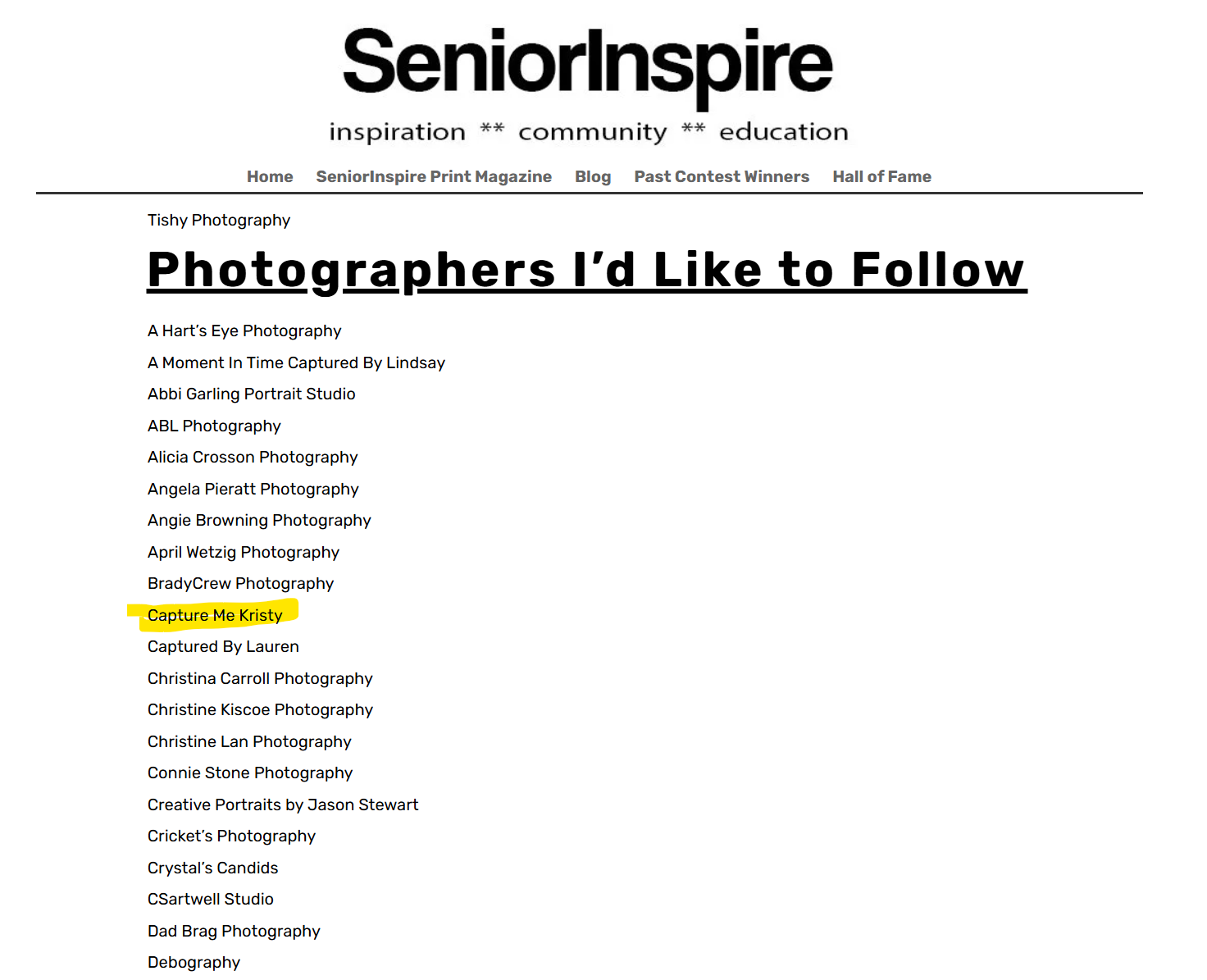 A screenshot of a blog page titled 'SeniorInspire' showing a list of photographers to follow.
