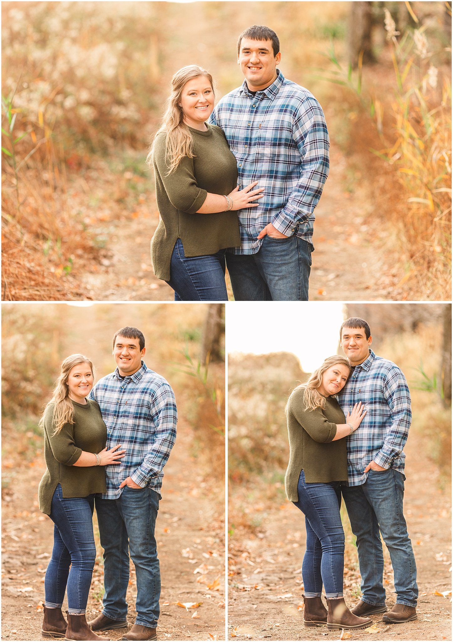 Golden hour engagement photos in autumn field with couple in coordinating casual outfits.