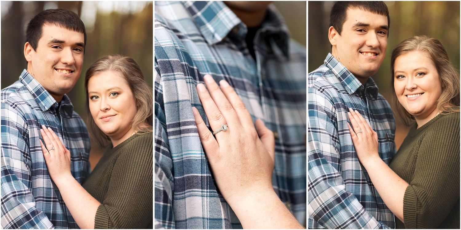 Close-up engagement photos highlighting ring and affectionate poses in autumn setting.
