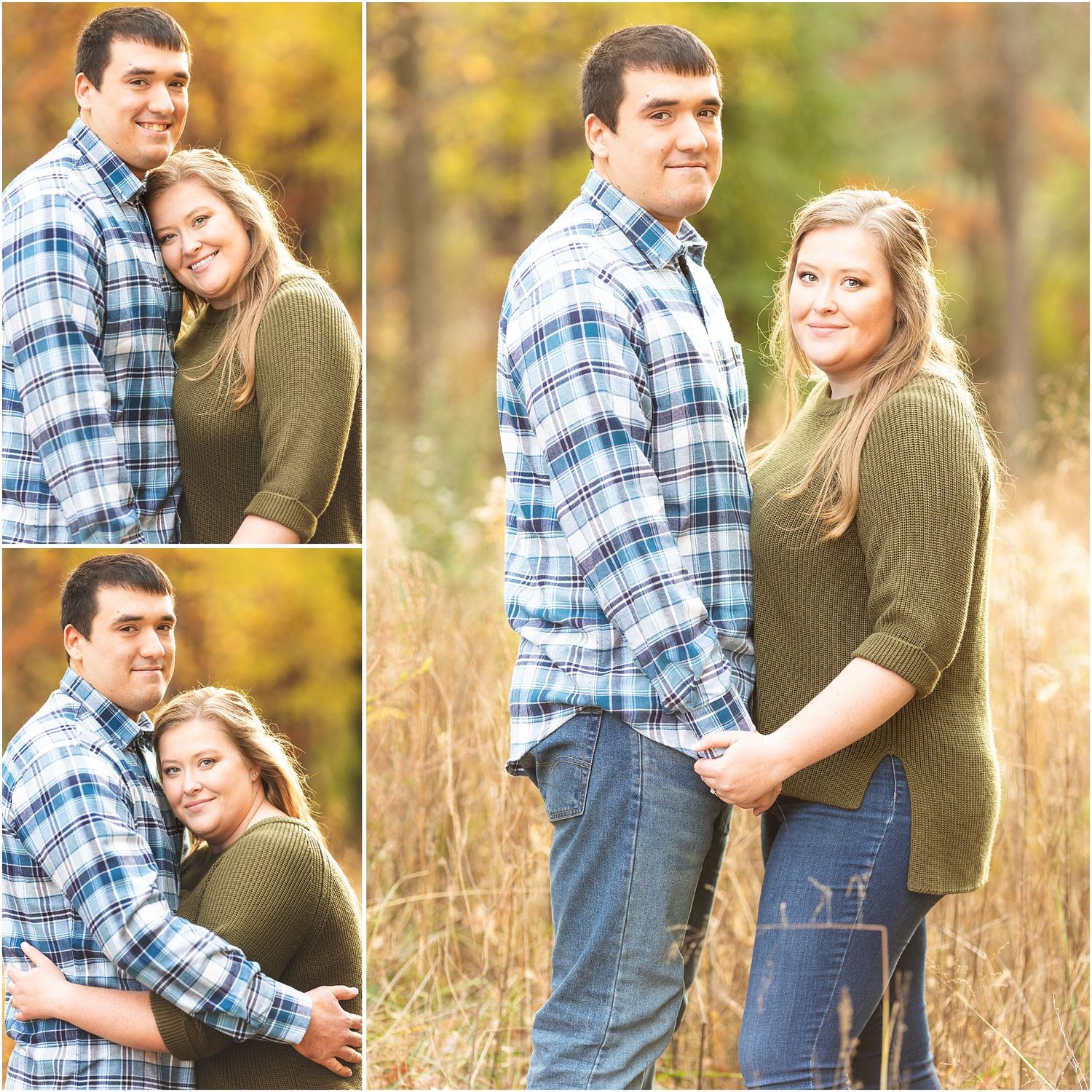Four-panel collection of outdoor couple portraits in fall scenery.