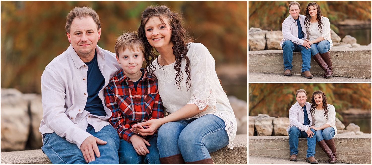 Family photo collage mixing seated and standing poses in autumn settings.