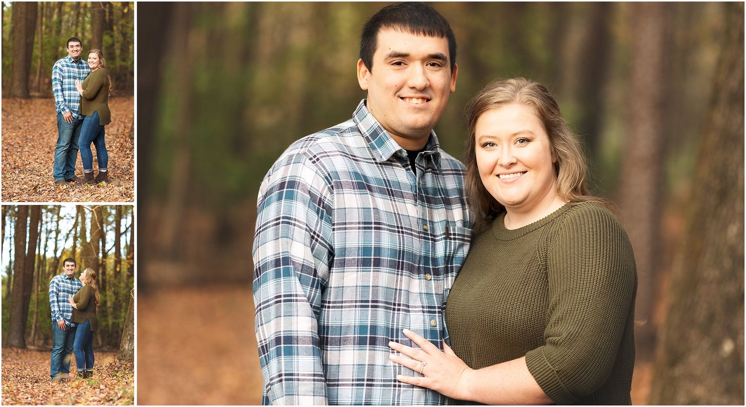 Autumn engagement photo collage with wooded background and fallen leaves.
