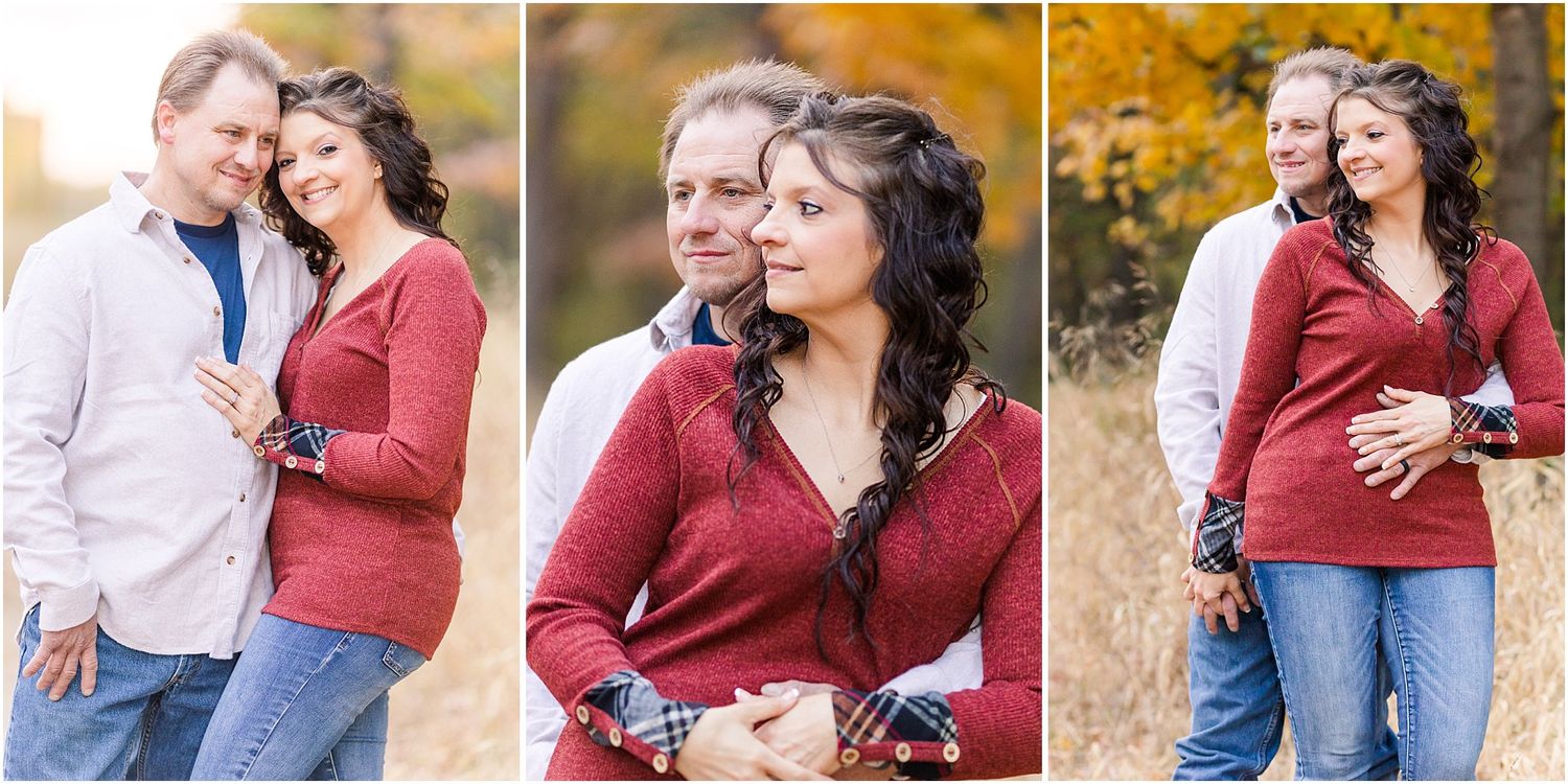 Three photo series showing romantic couple poses against fall backdrop.