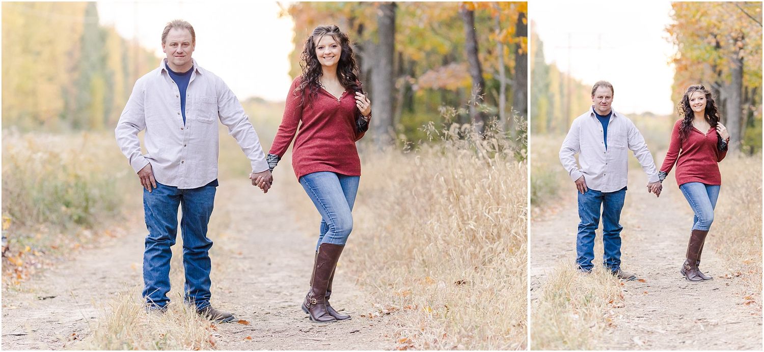 Side by side photos of couple enjoying playful moments on outdoor path.