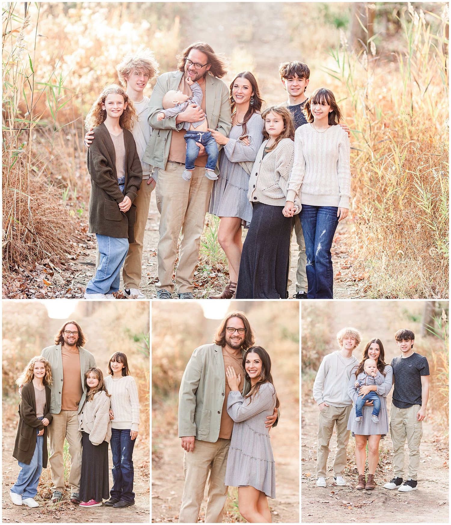 Fall family portrait session in golden field with natural earth tones and coordinated casual outfits.