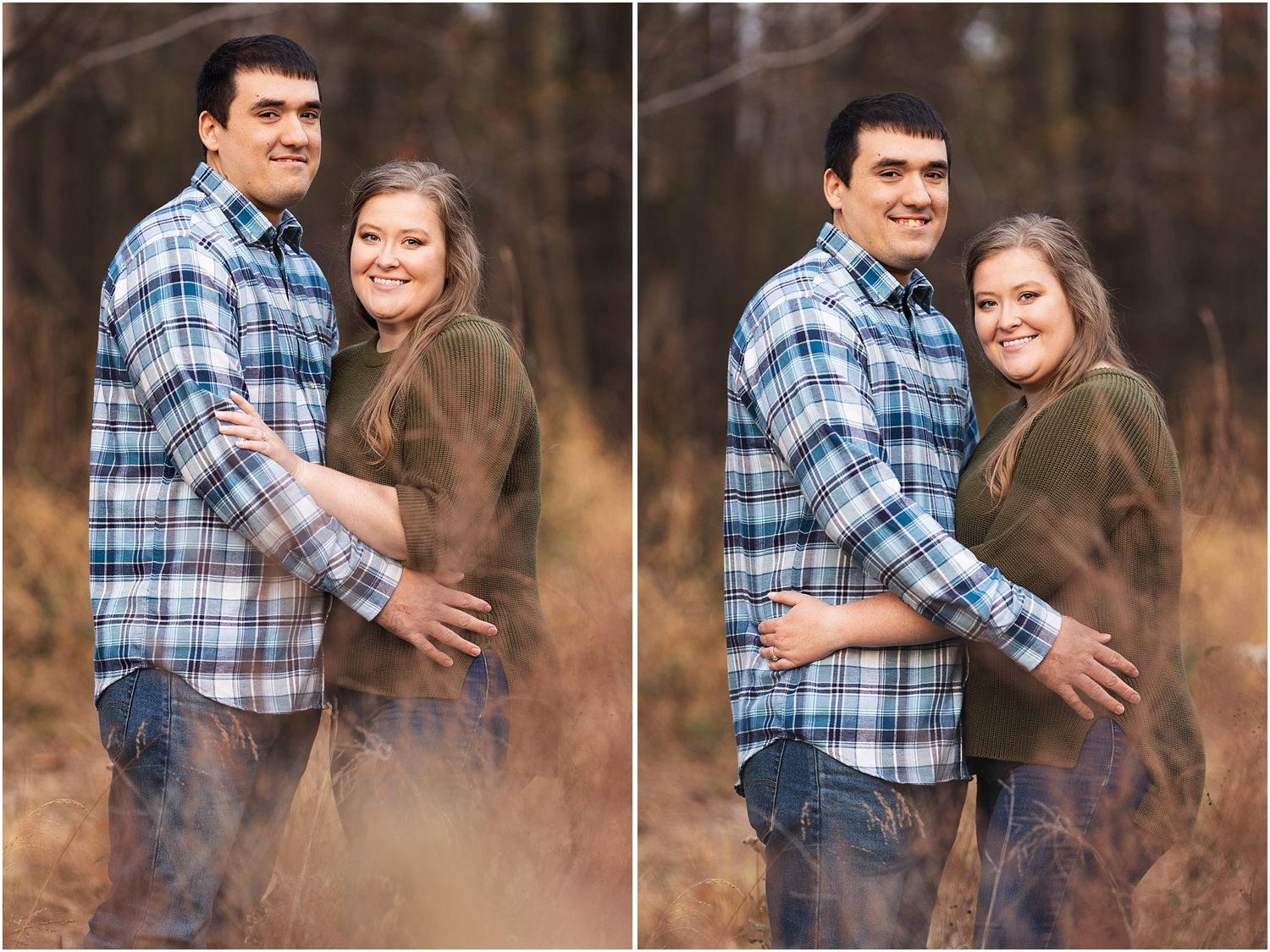 Romantic couple portraits with soft natural lighting in autumn woods.