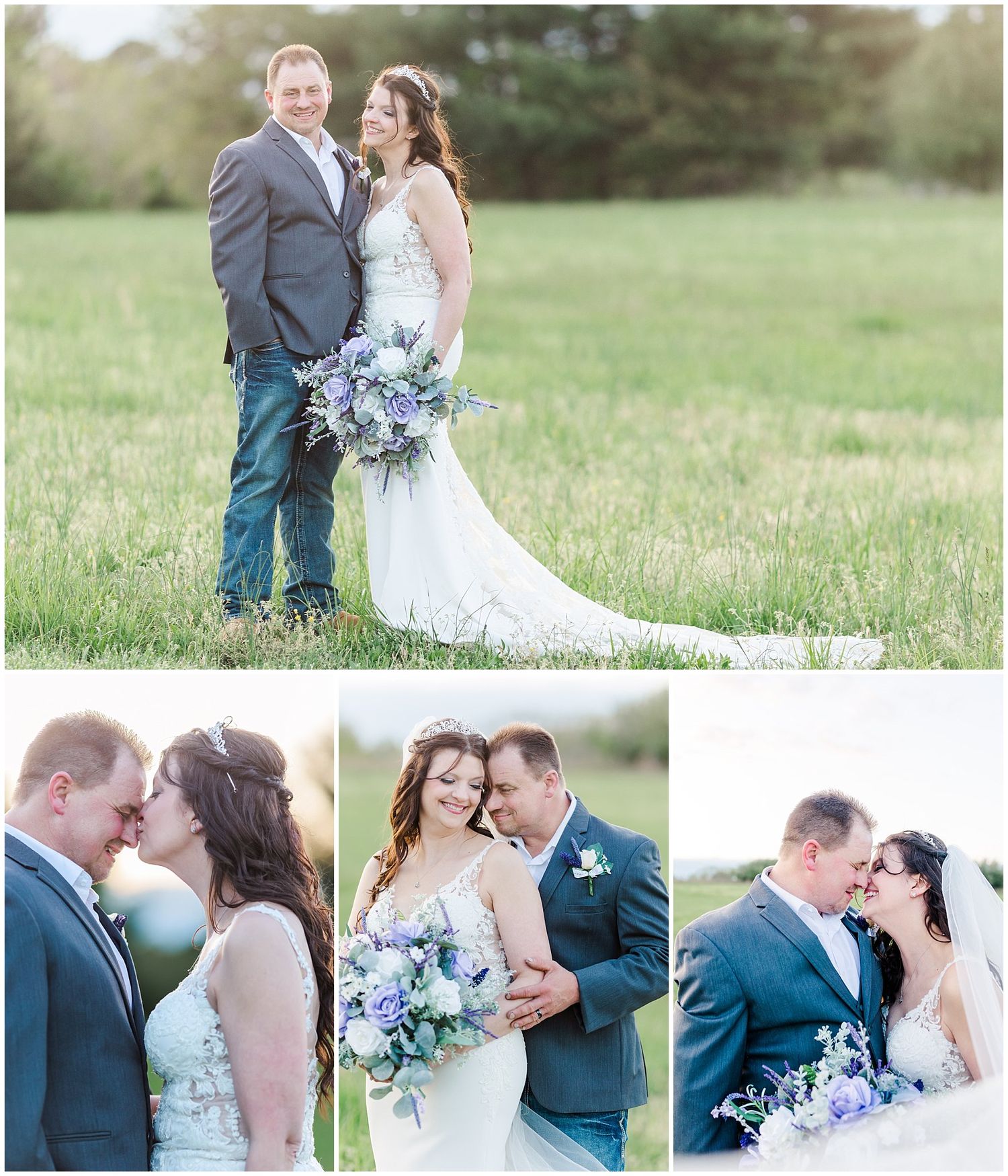 Wedding couple portraits in green field with blue bouquet and gray suit details.